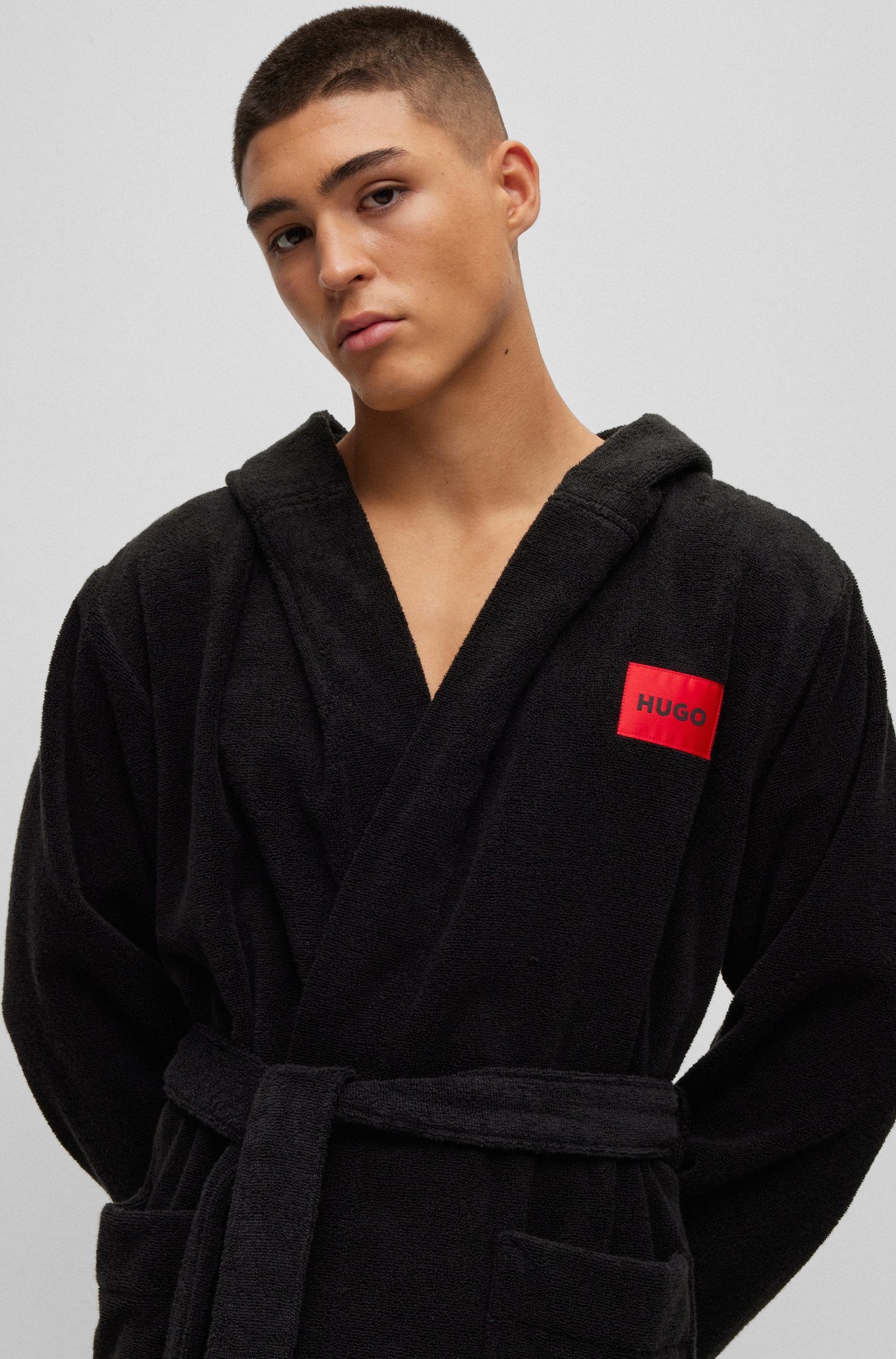 HUGO underwear Badjas Terry Gown Hooded met capuchon & contrasterend logo