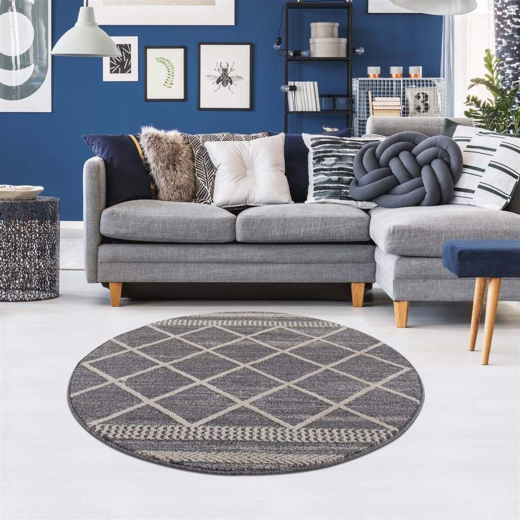 Carpet City Vloerkleed Art 2645 Korte pool, ruiten-look, ideaal voor hal & entree moderne vloerkleden maat Ø 200 cm x 7 mm grijs