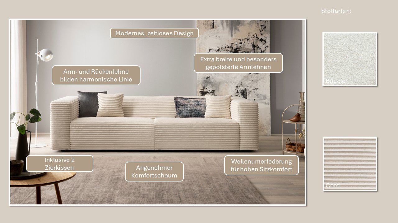 andas 3-zitsbank BAKELS, bank in cord of bouclé stof, sofa in modern ontwerp