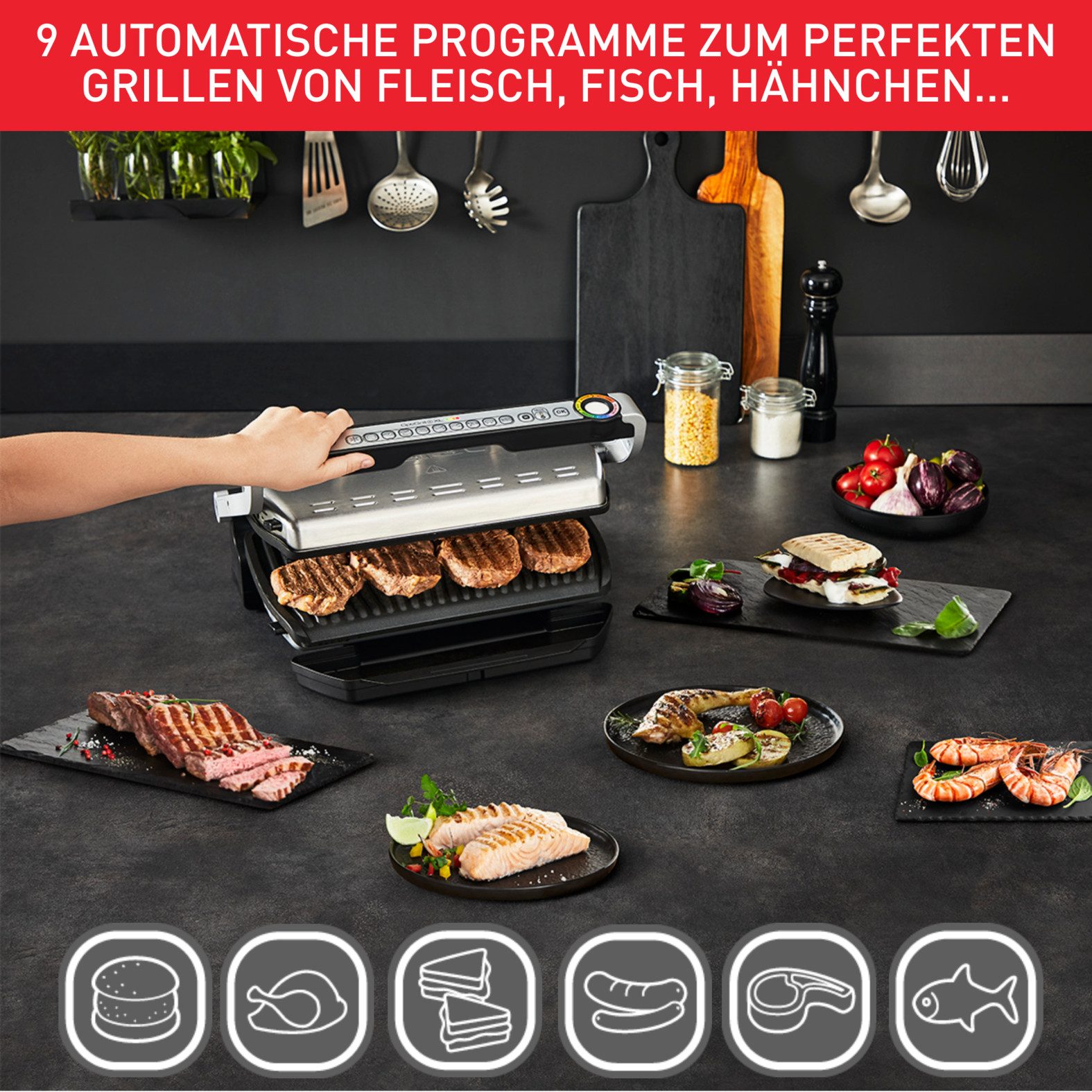 Tefal Contactgrill OptiGrill+ XL inkl. Backschale, manueller Modus mit 4 Temperaturen Bakschaal, 9 vaste programma’s, 4 temperatuurniveaus