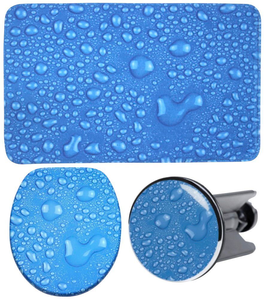 Sanilo Sets badkameraccessoires Dauwdruppel blauw bestaand uit toiletzitting, badmat en wastafelplug (complete set, 3-delig)