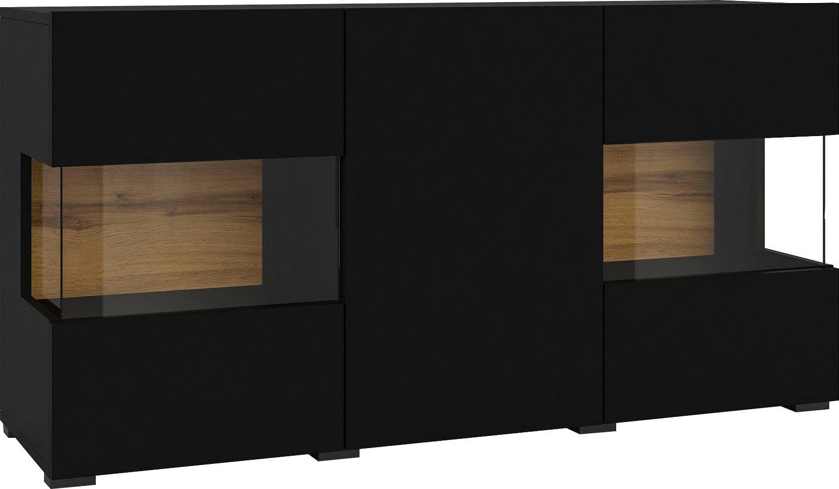 INOSIGN Dressoir Ava, breedte 120 cm, hangend en staand te monteren moderne grepless commode, buffet, 3 deuren, hoekverglasingen