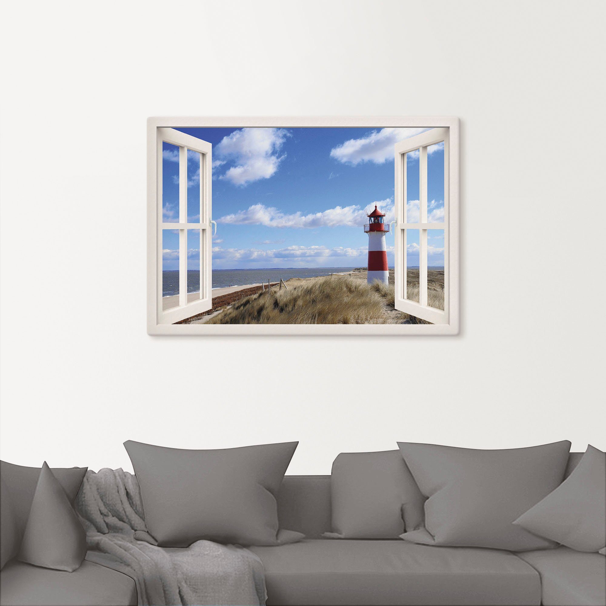 Artland Artprint Blik uit het venster - vuurtoren Sylt als artprint op linnen, poster, muursticker in verschillende maten