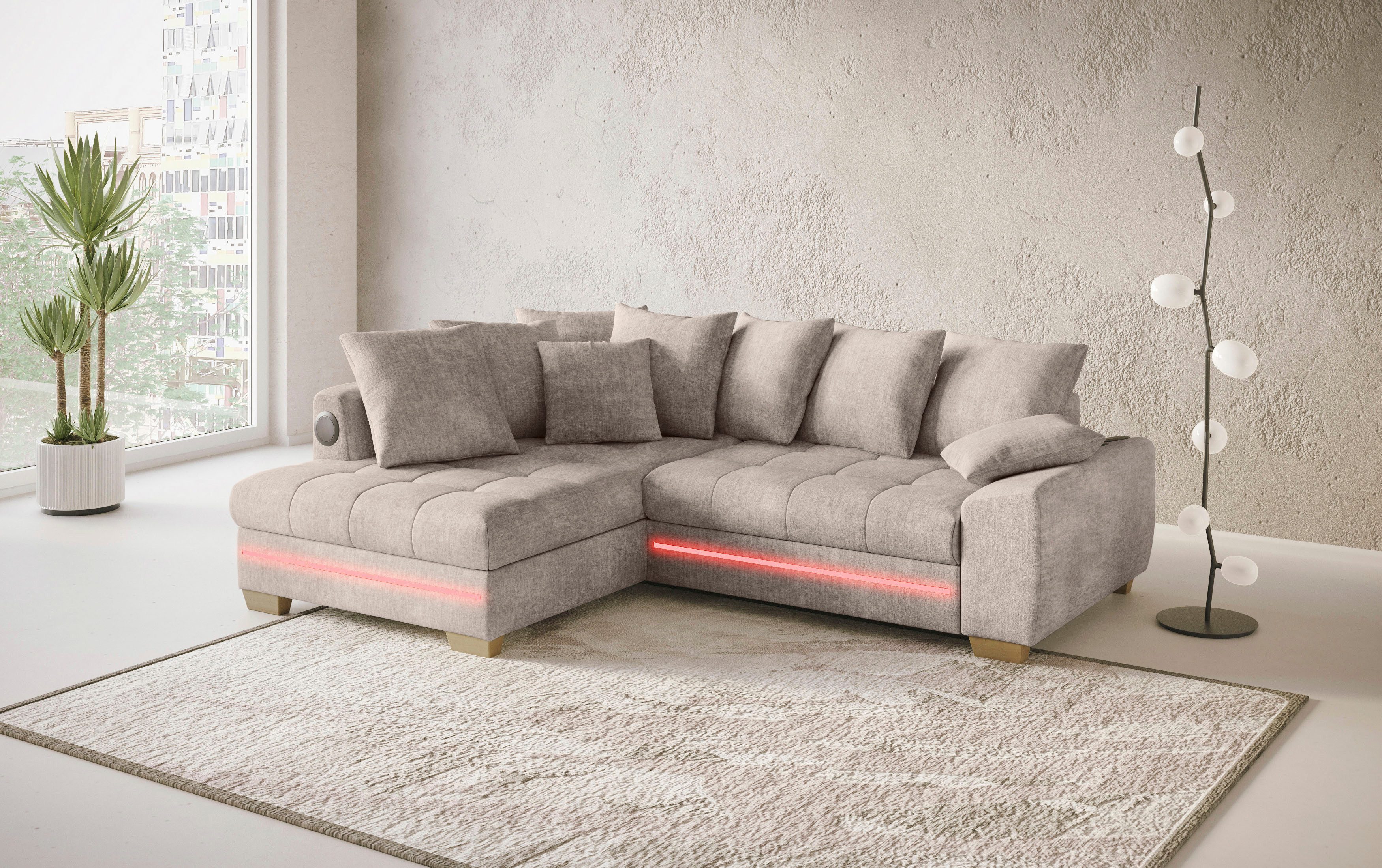 Mr. Couch Hoekbank Nikita II, L-vorm met koudschuim, rgb-led, geluidssysteem, optioneel met bed, bedlade
