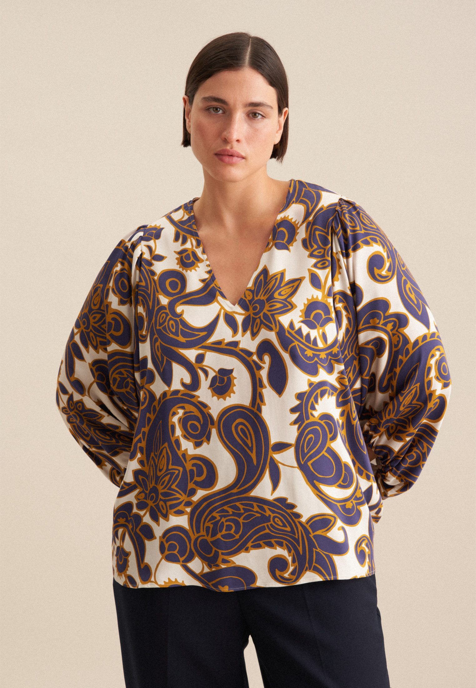 seidensticker Shirtblouse Zwarte roos 3/4-mouw v-hals paisley