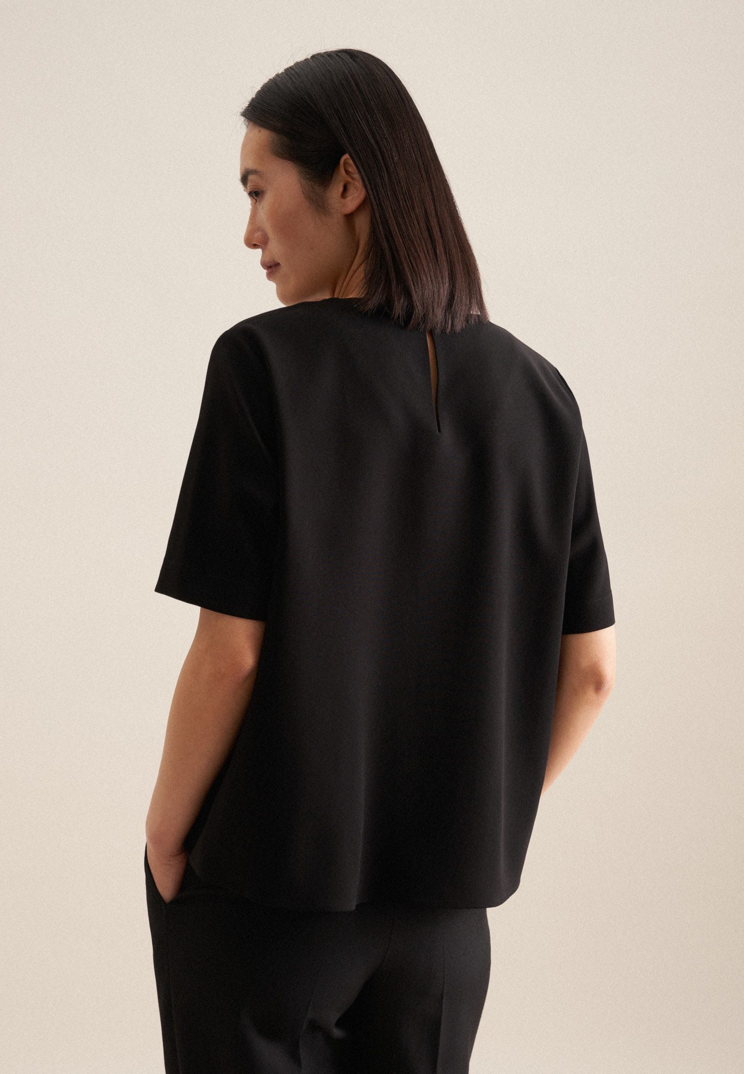 seidensticker Shirtblouse Zwarte roos Korte mouwen ronde hals uni