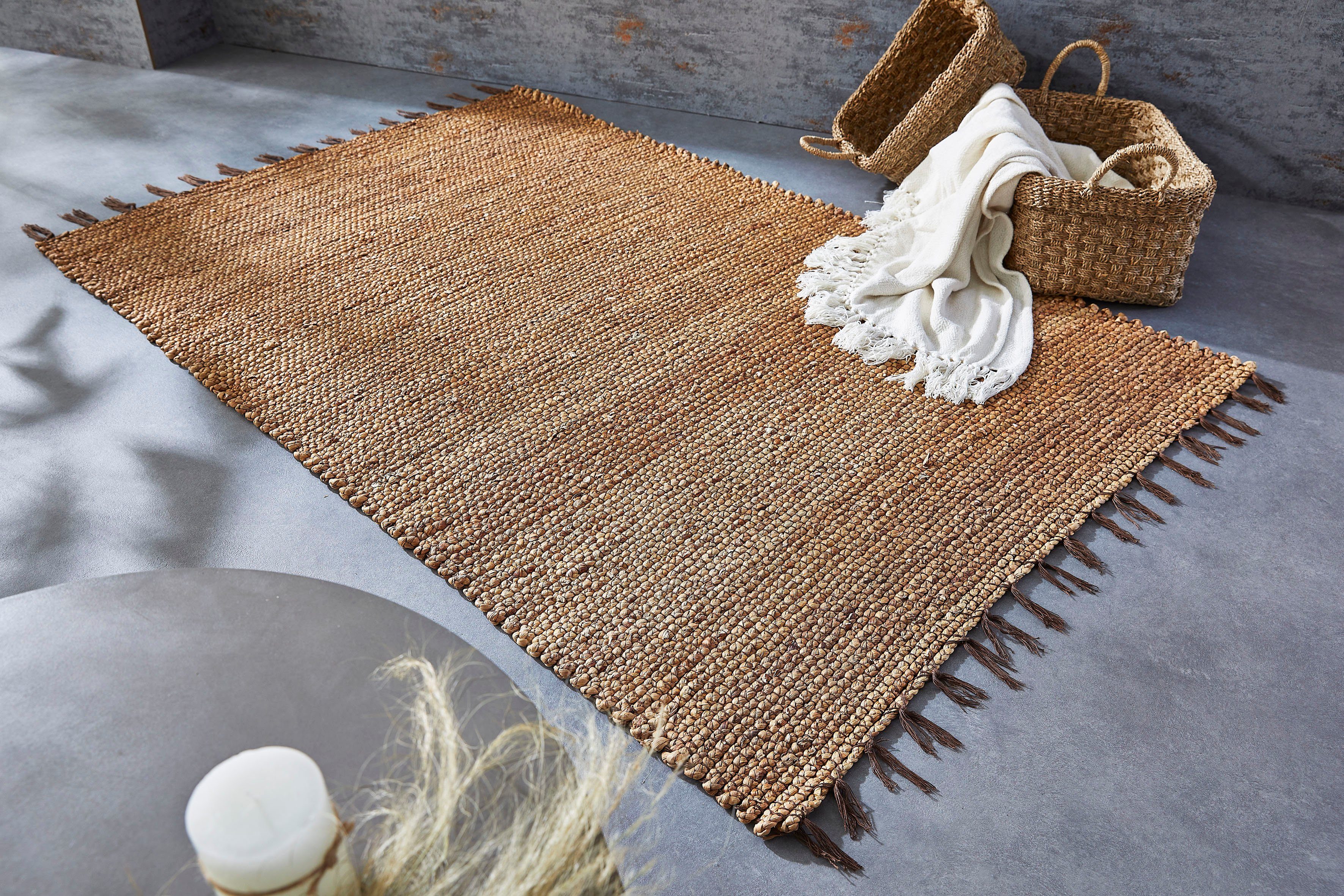 my home Vloerkleed Ulmiz Keerbaar tapijt, handgeweven, met franjes, van 100% waterhyacint moderne vloerkleden beige