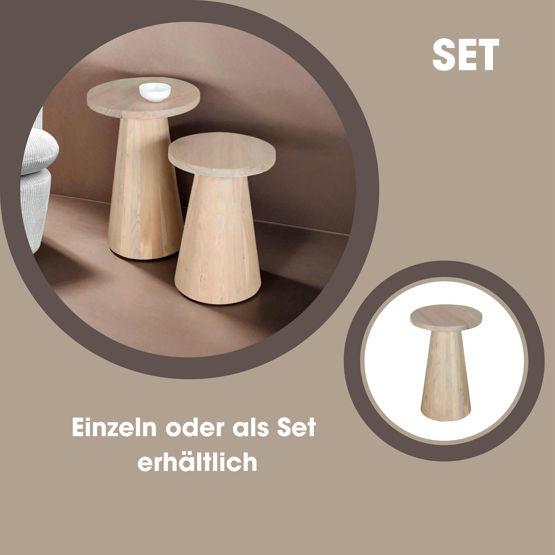 byLIVING Bijzettafel Kegel uit massief hout in zwart of white wash, verschillende maten (set)