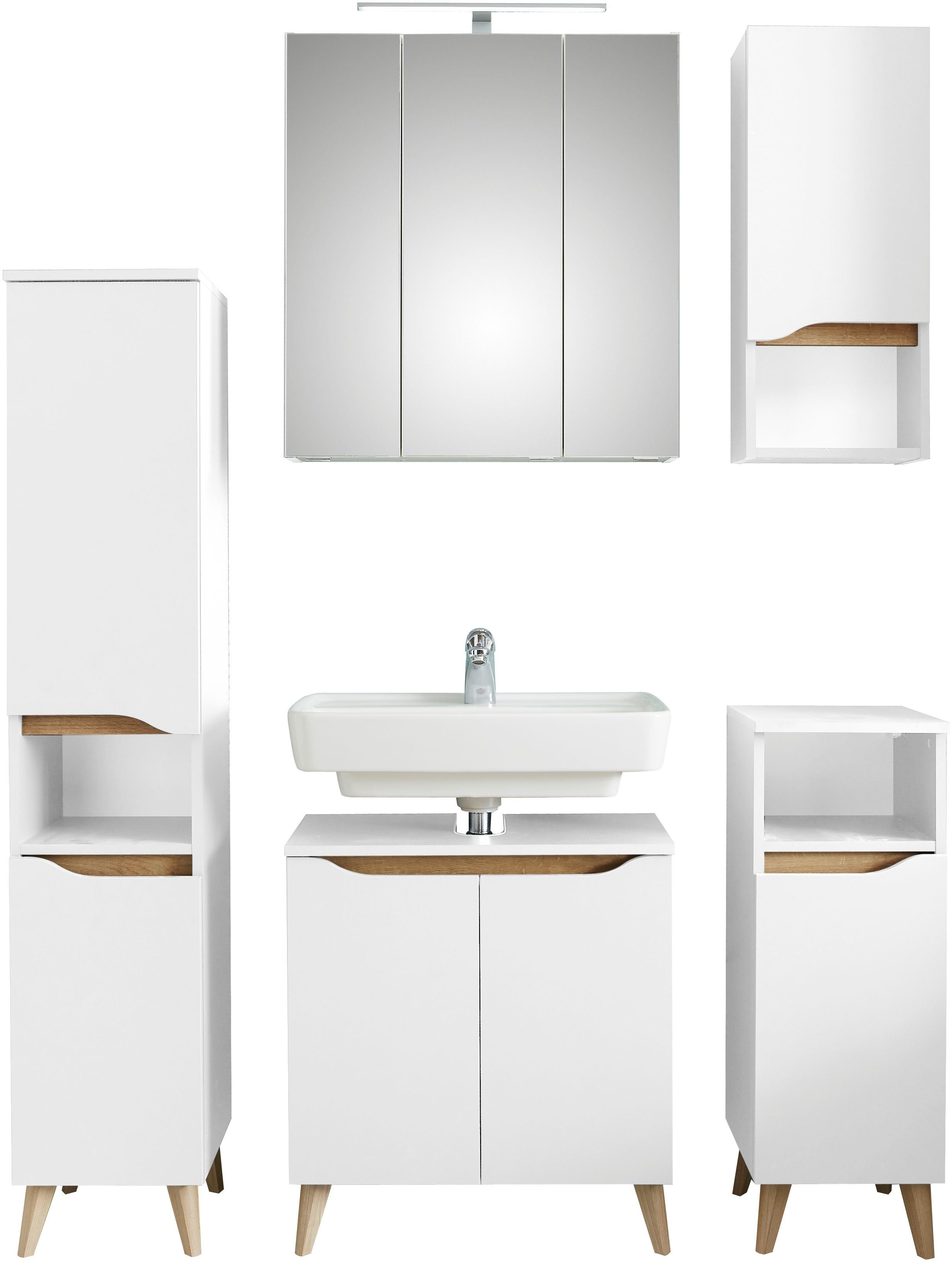 Saphir Badkamerserie Quickset 5-delig, wastafelonderkast met led-spiegelkast Onderkast, hangkast, middelgrote kast, incl. deurdemper, 9 deuren (11-delig)
