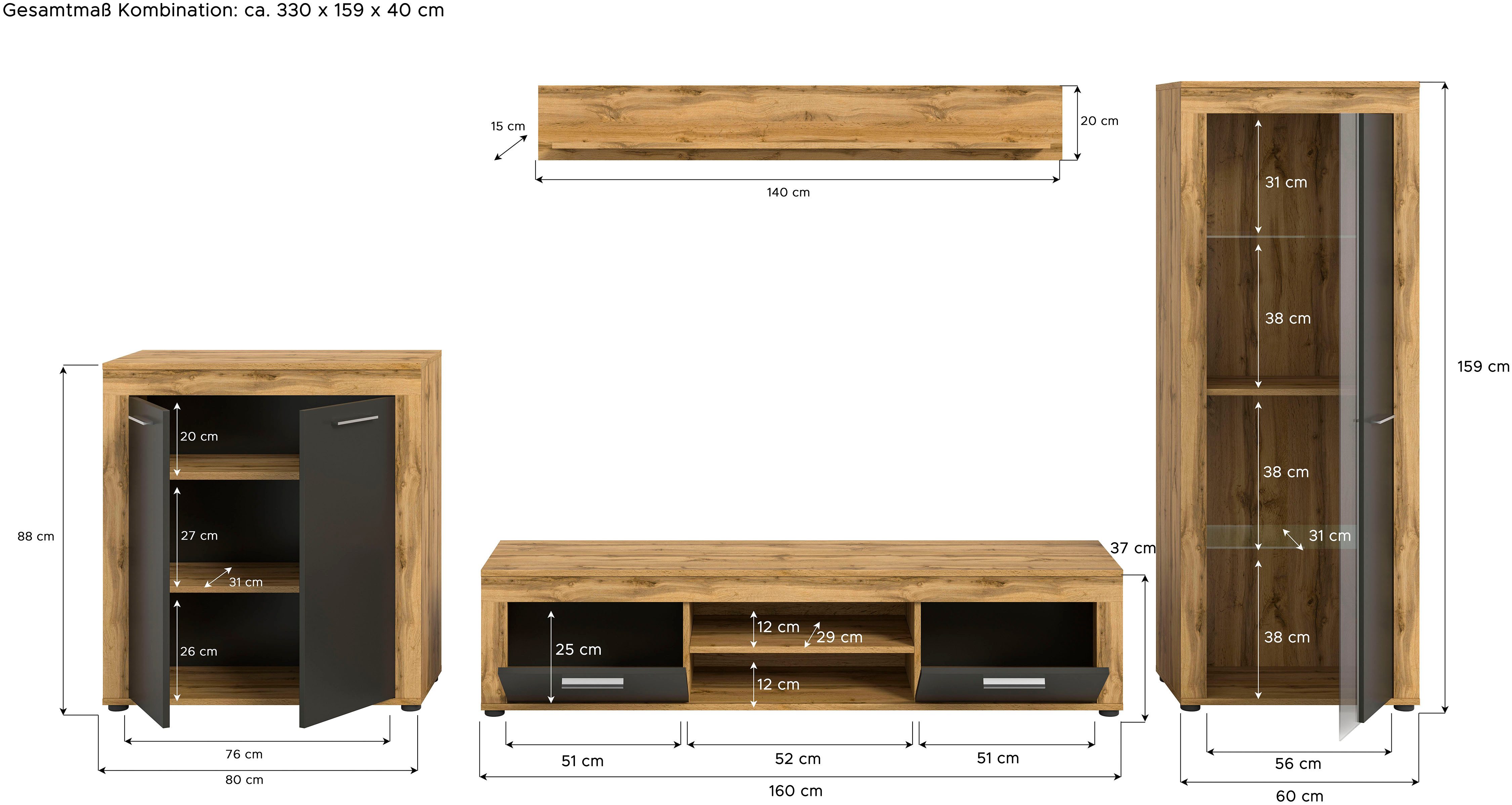 INOSIGN Wandmeubel Aosta, Breedte 330cm, bestaand uit Highboard, Lowboard, Wandplank, Vitrine (4 stuks)