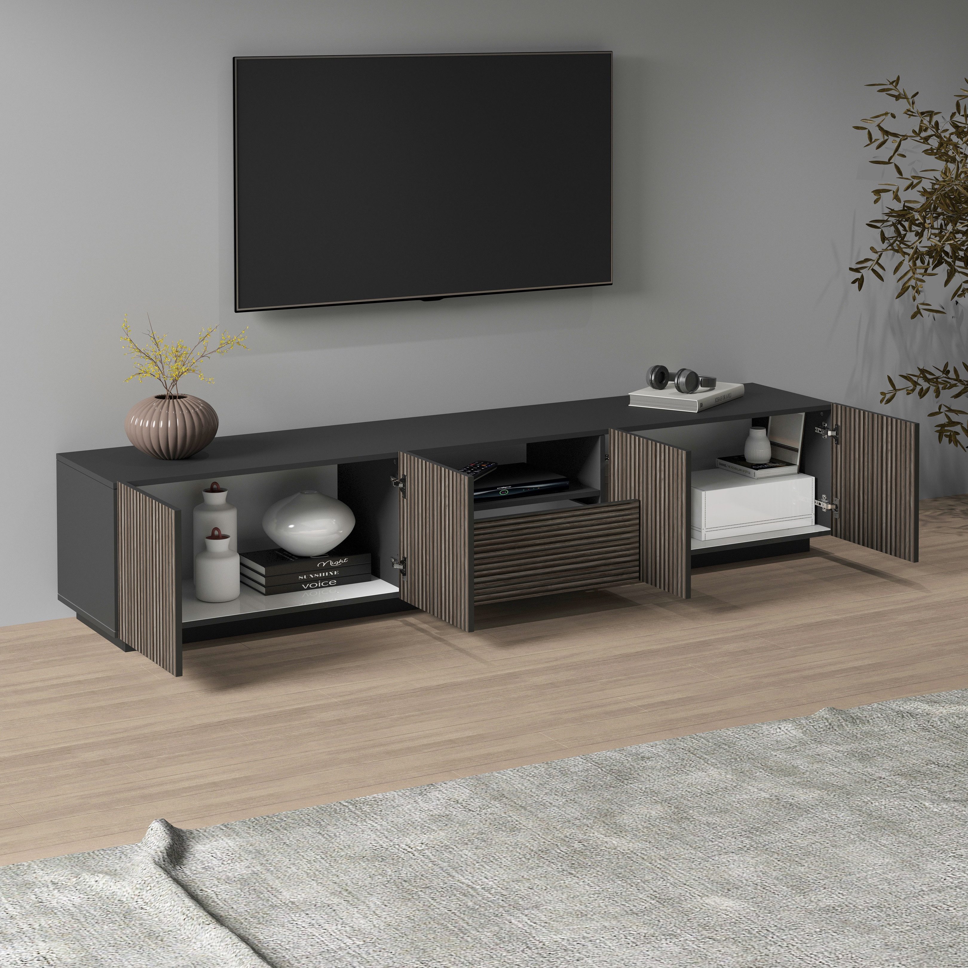 INOSIGN Tv-meubel Vega, Lowboard, TV-meubel, TV-kast, 220 cm met 4 deuren en 1 lade, fronten met groeflook