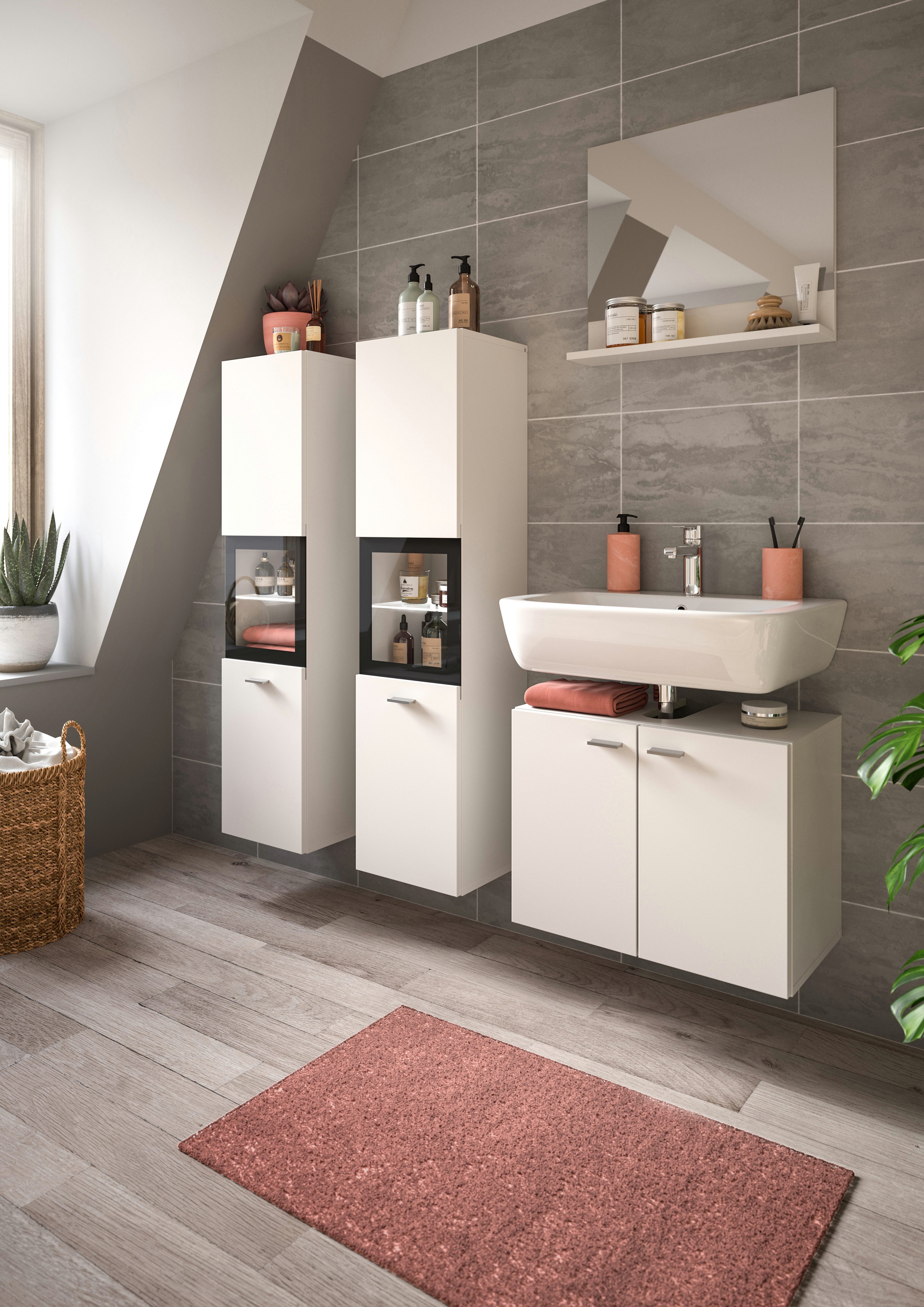 welltime Badmeubelset Tampa, breedte 137cm, 4-delig Wastafelonderkast, spiegel, hoge kast (4 stuks)