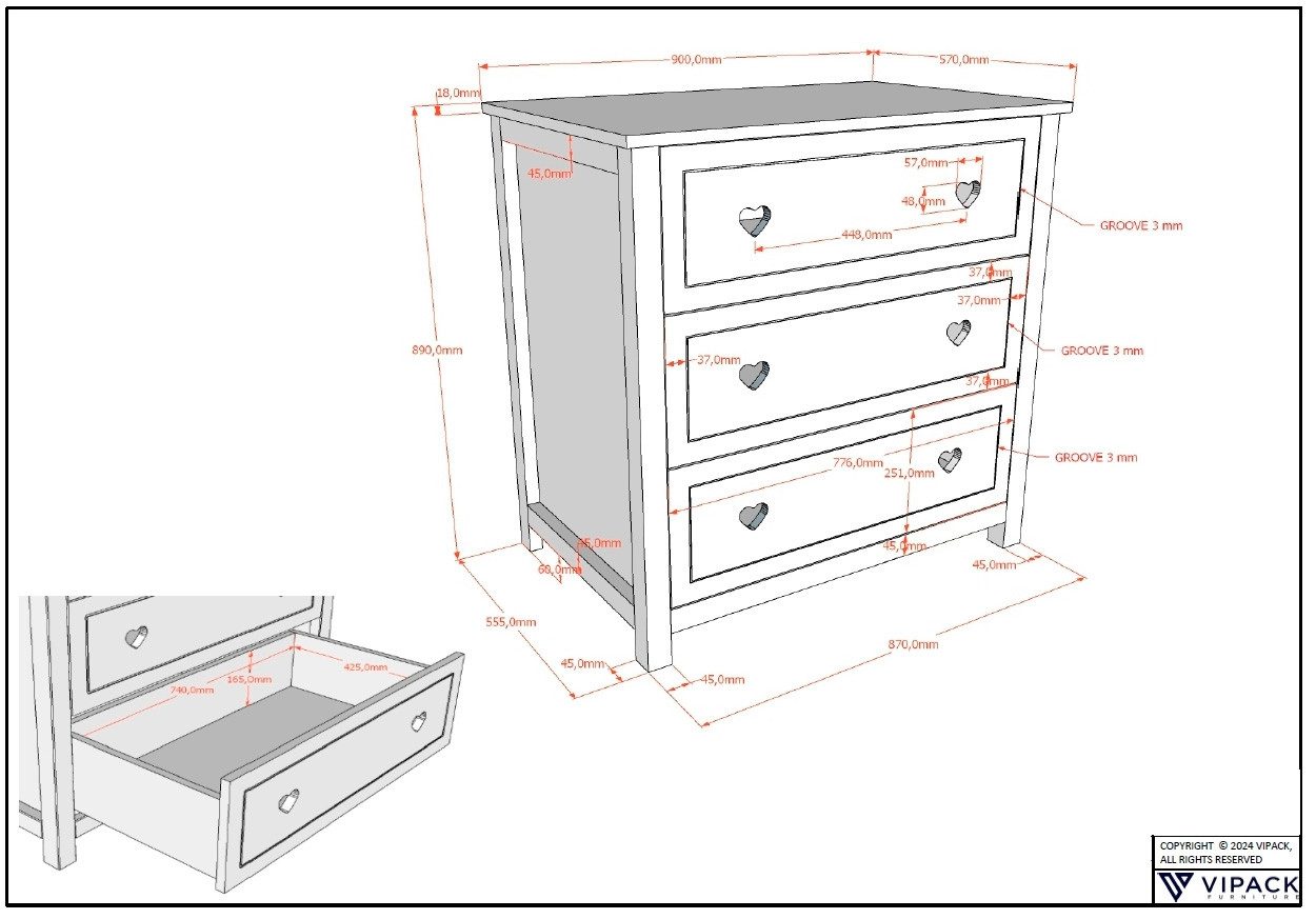 Vipack Complete babykamerset Amori 4-delig met hartornamenten, MDF/massief wit gelakt (4-delig)