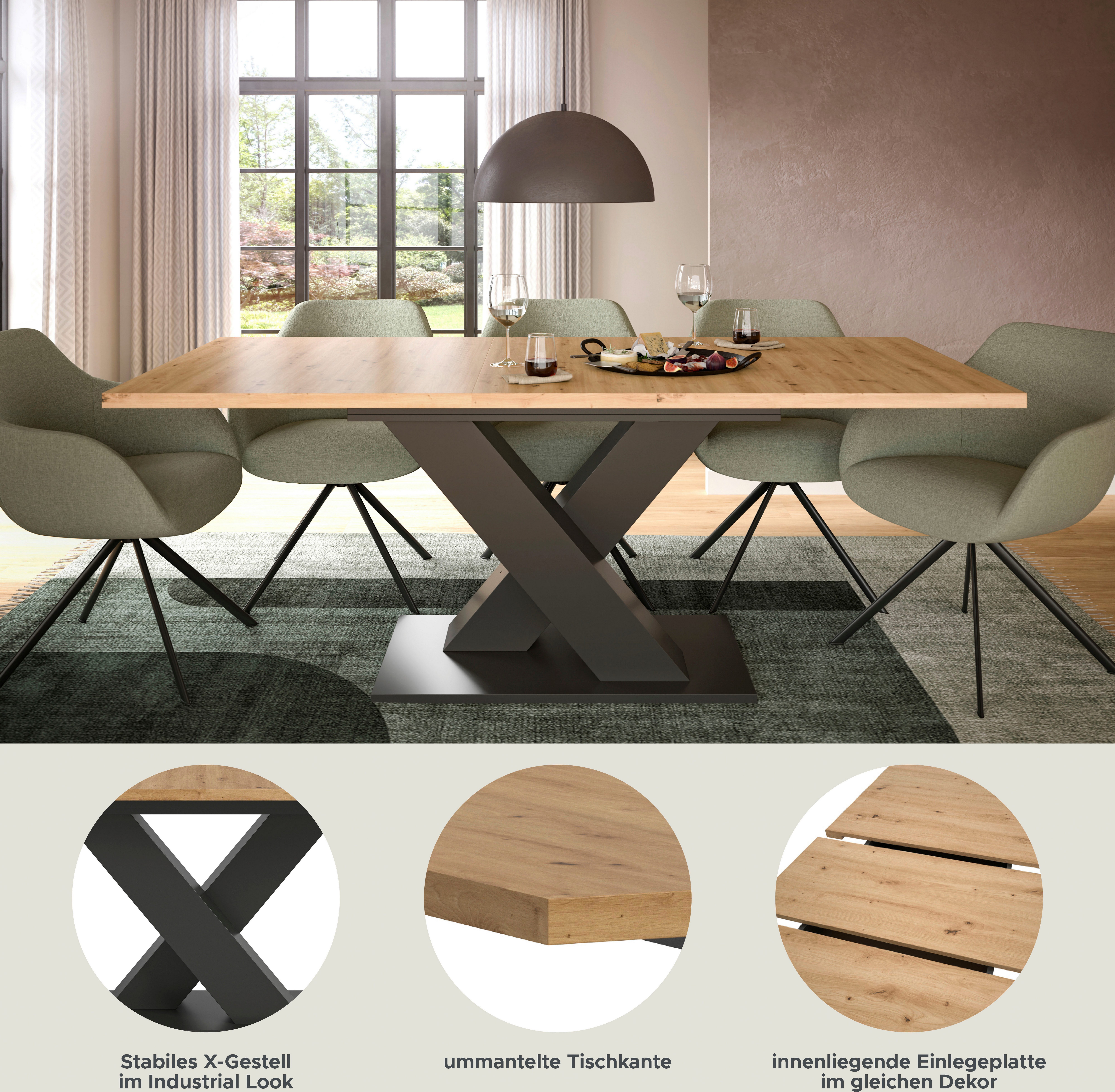 INOSIGN Eettafel Motus, uitschuifbaar 150 - 190 cm, inclusief 40 cm inlegplaat