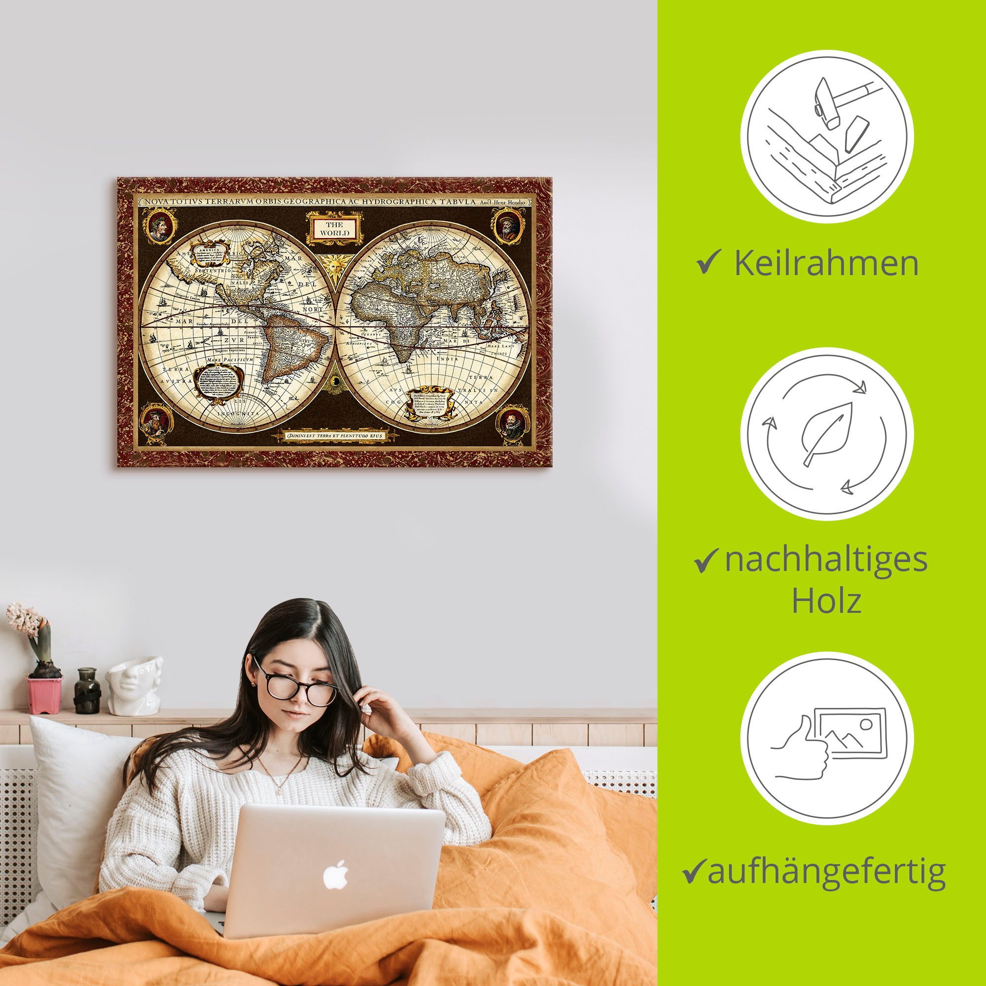 Artland Artprint Wereldkaart als artprint van aluminium, artprint voor buiten, artprint op linnen, poster, muursticker