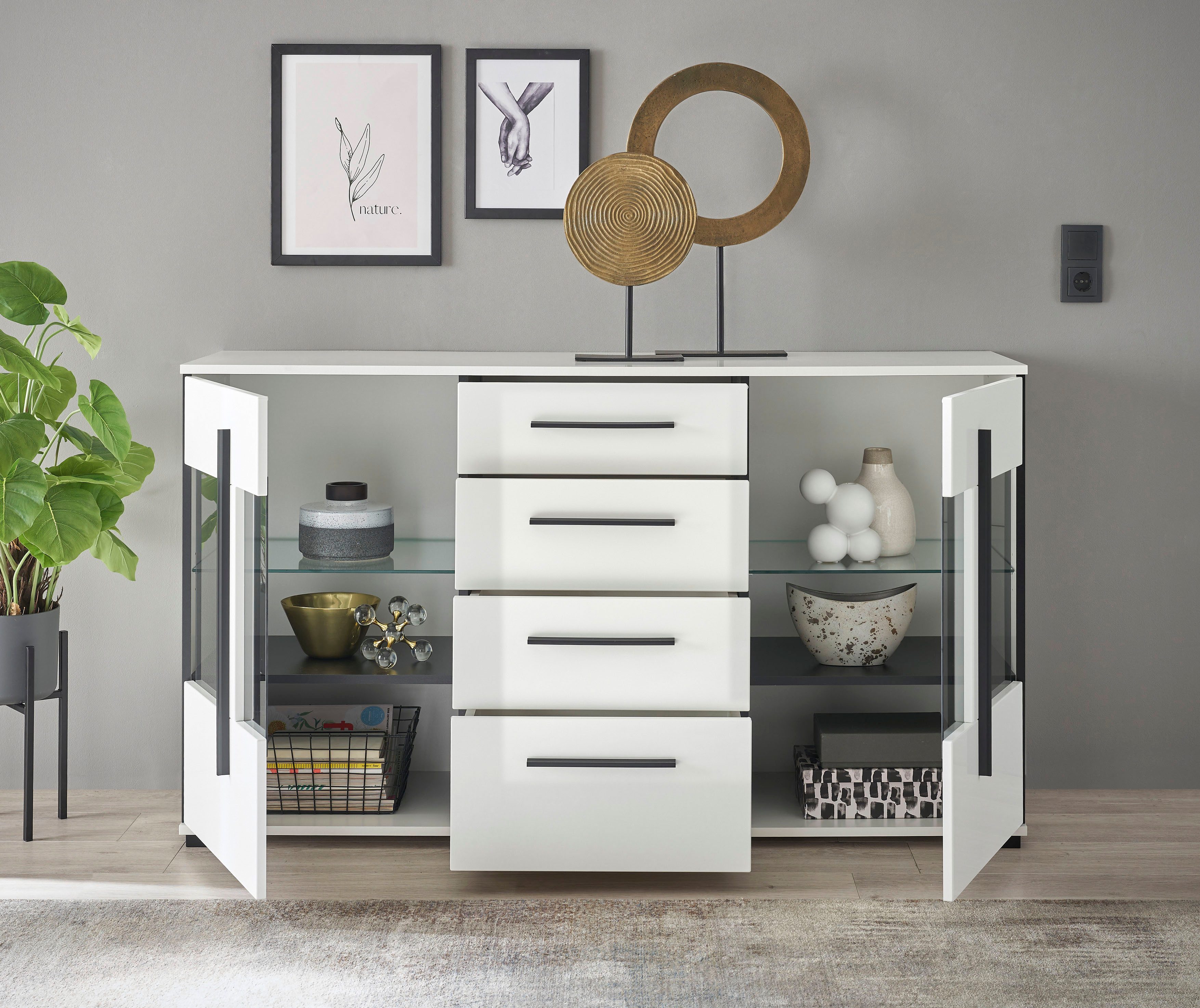 INOSIGN Dressoir Cantara, moderne kast, commode in Eiken Evoke of wit zwarte stanggreep, voldoende opbergruimte, veelzijdig inzetbaar