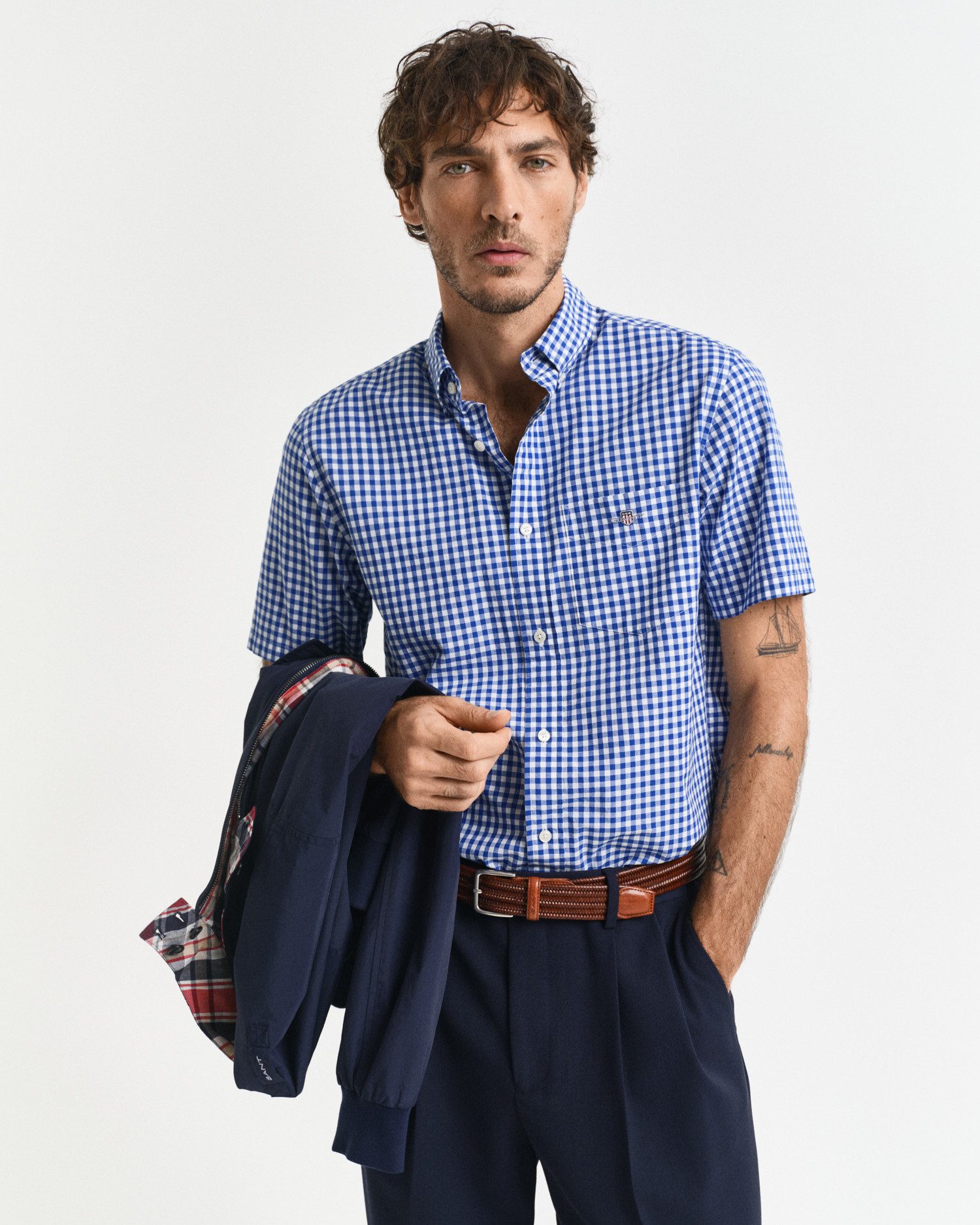 Gant Overhemd met korte mouwen Regular Fit Gingham Poplin Overhemd slijtvast easy care geruit