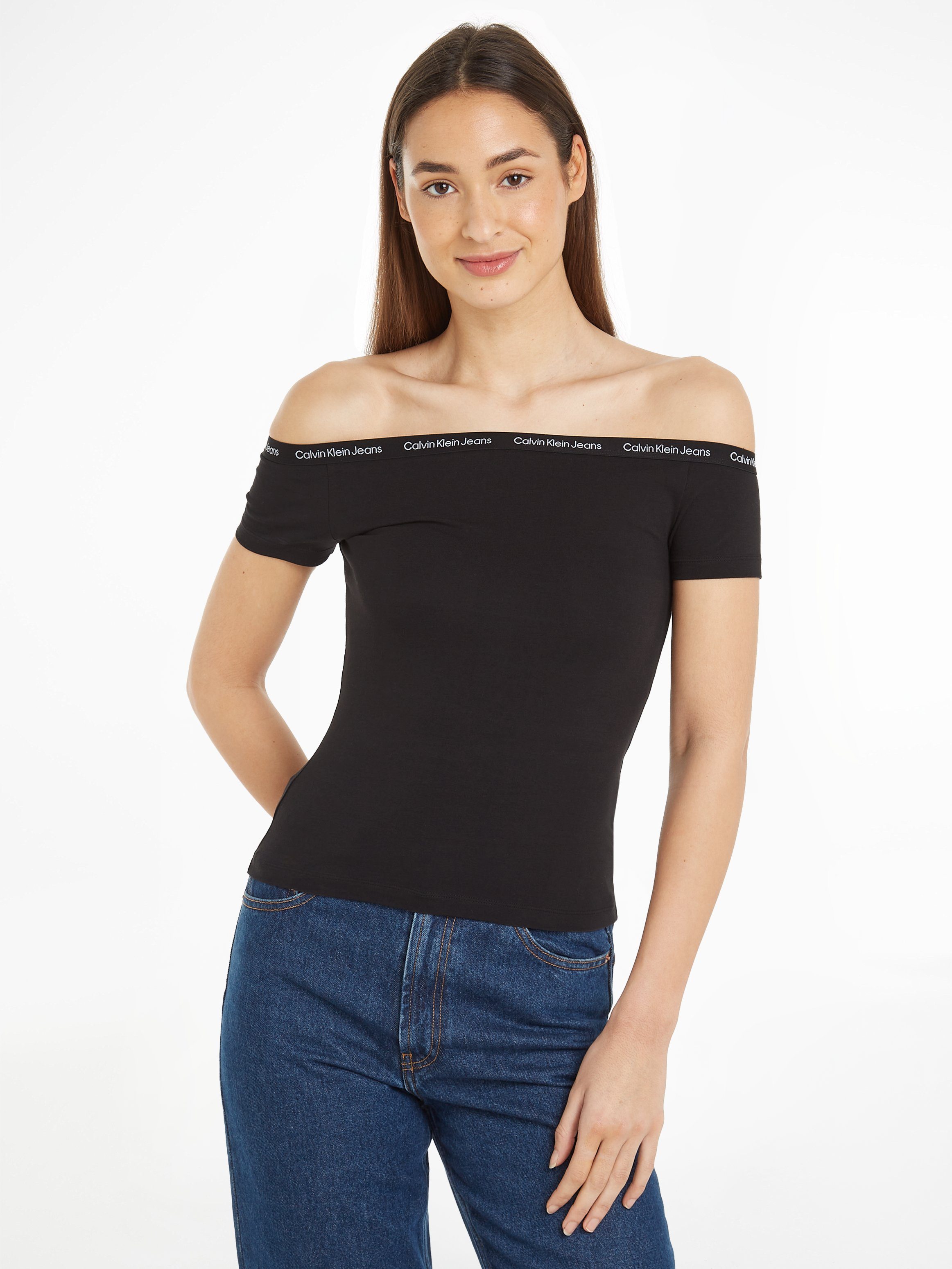 Calvin Klein T-shirt LOGO ELASTIC BARDOT TOP dames t-shirts maat L (40) zwart