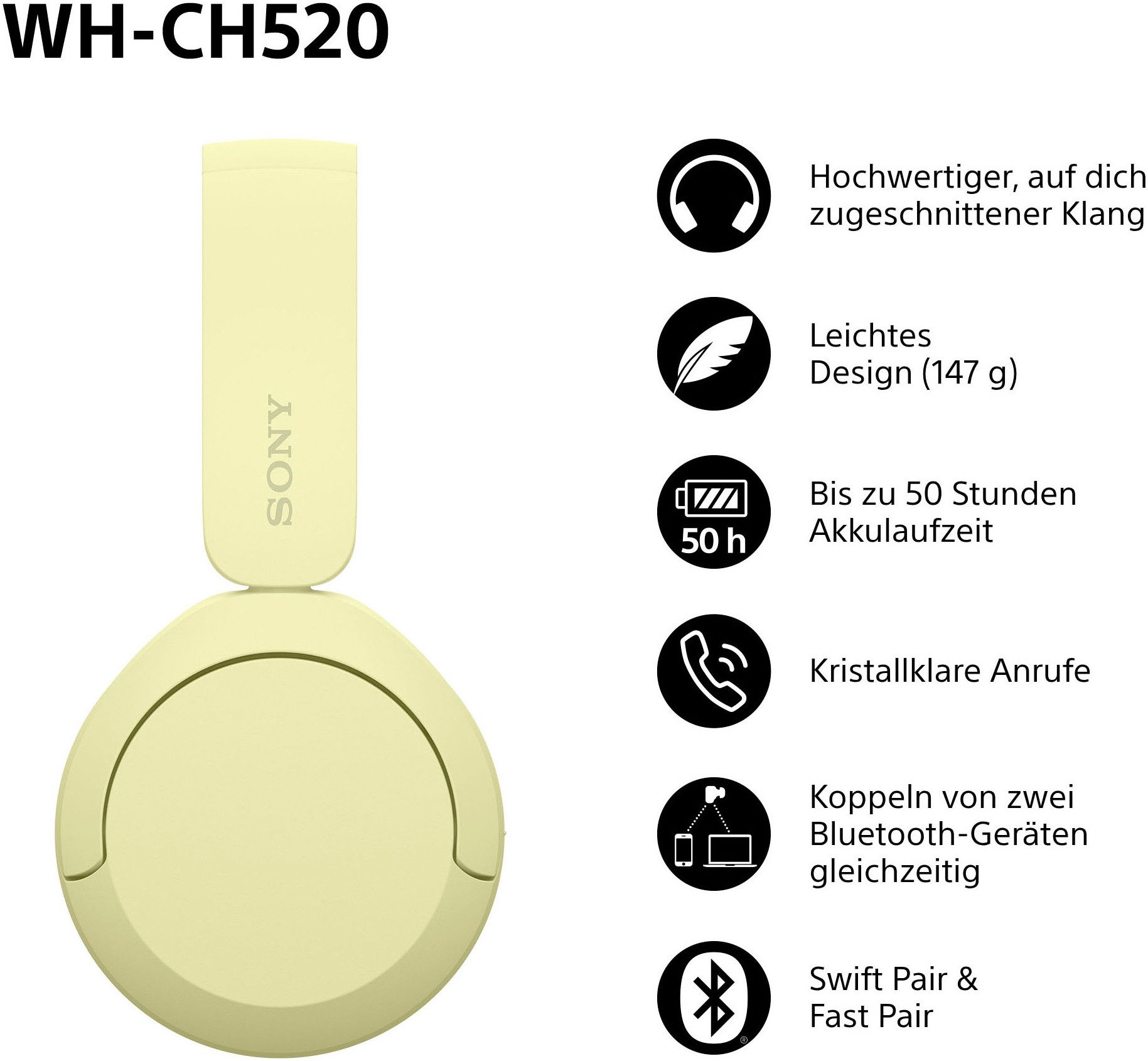Sony Bluetooth-hoofdtelefoon WHCH520 200 uur max. accuduur (standby)