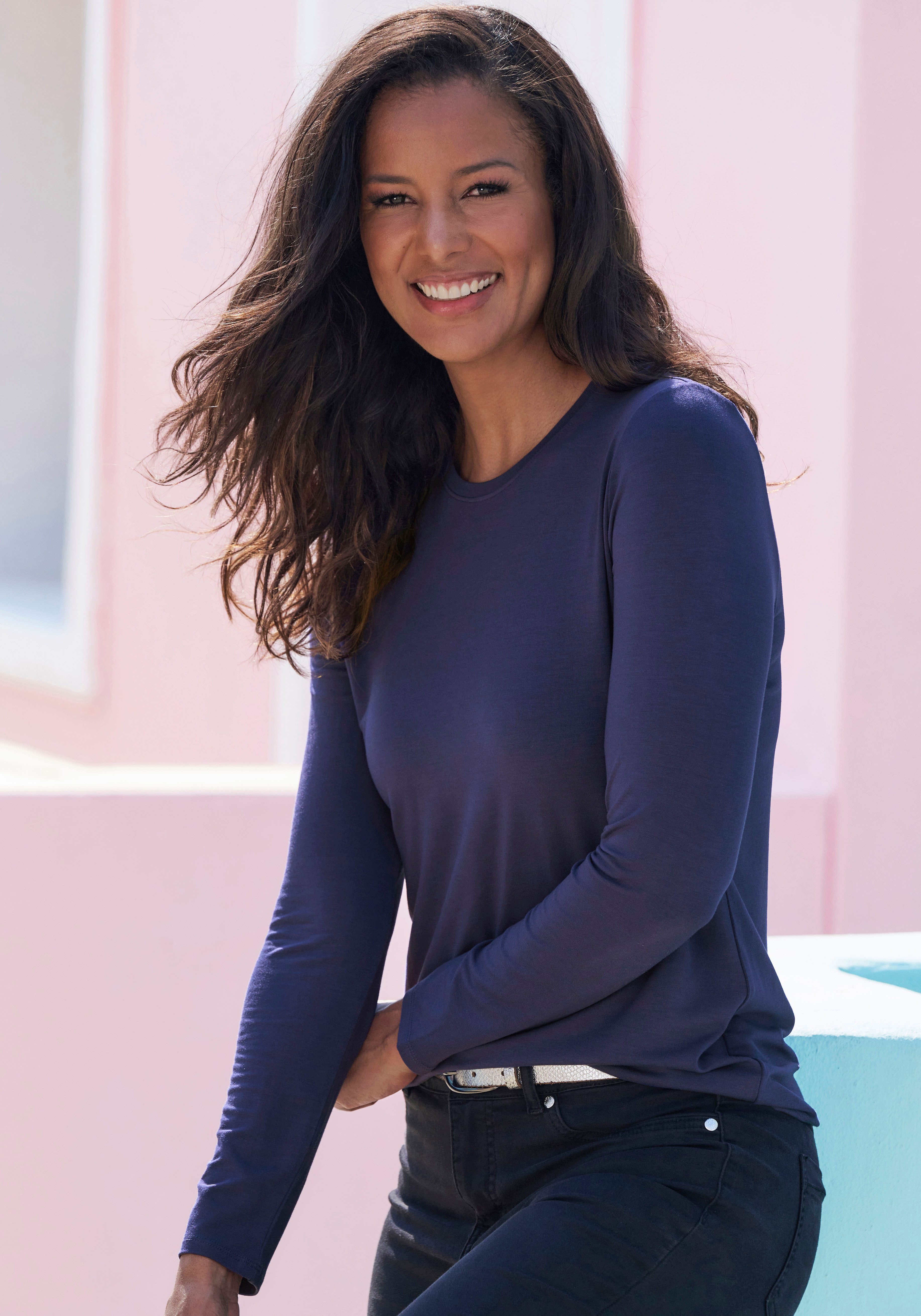Lascana Shirt met lange mouwen Van zachte viscose-stretch van zachte viscosekwaliteit (Set van 2)
