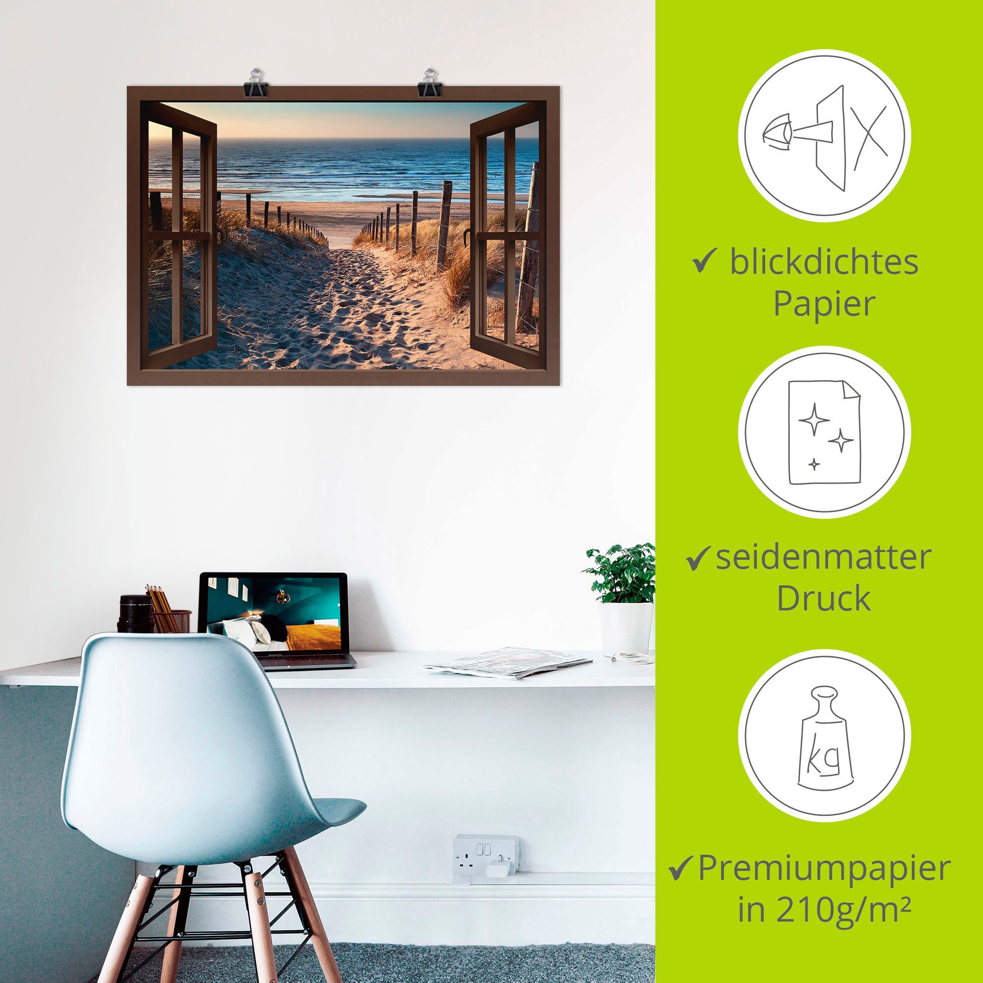 Artland Artprint Blik uit het venster weg naar Noordzeestrand als artprint op linnen, poster, muursticker in verschillende maten