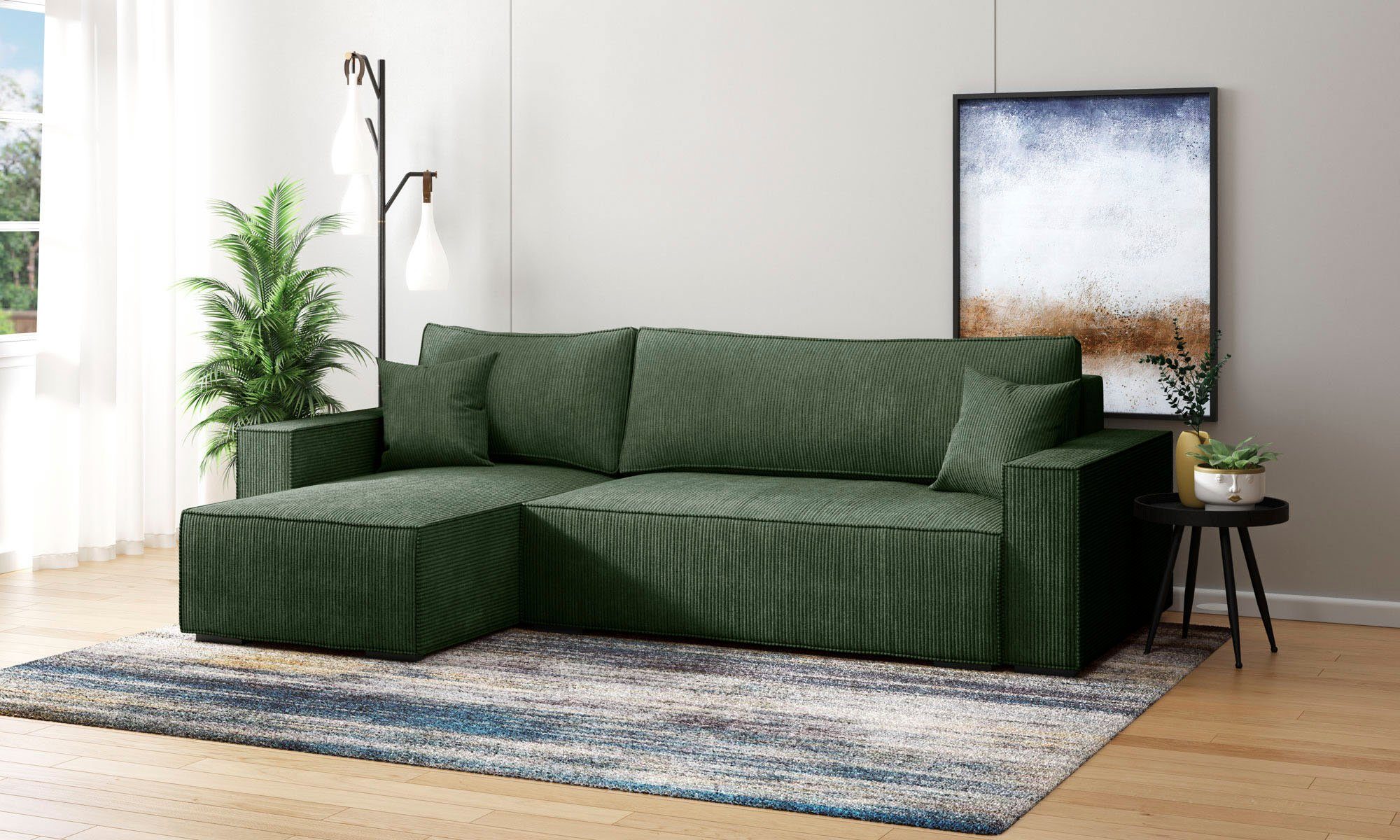 INOSIGN Hoekbank Winton ribfluwelen bank/slaapbank 253 cm Ribfluweel, omkeerbare recamiere, slaapfunctie (130/208 cm), bedbox groen, hoekbanken