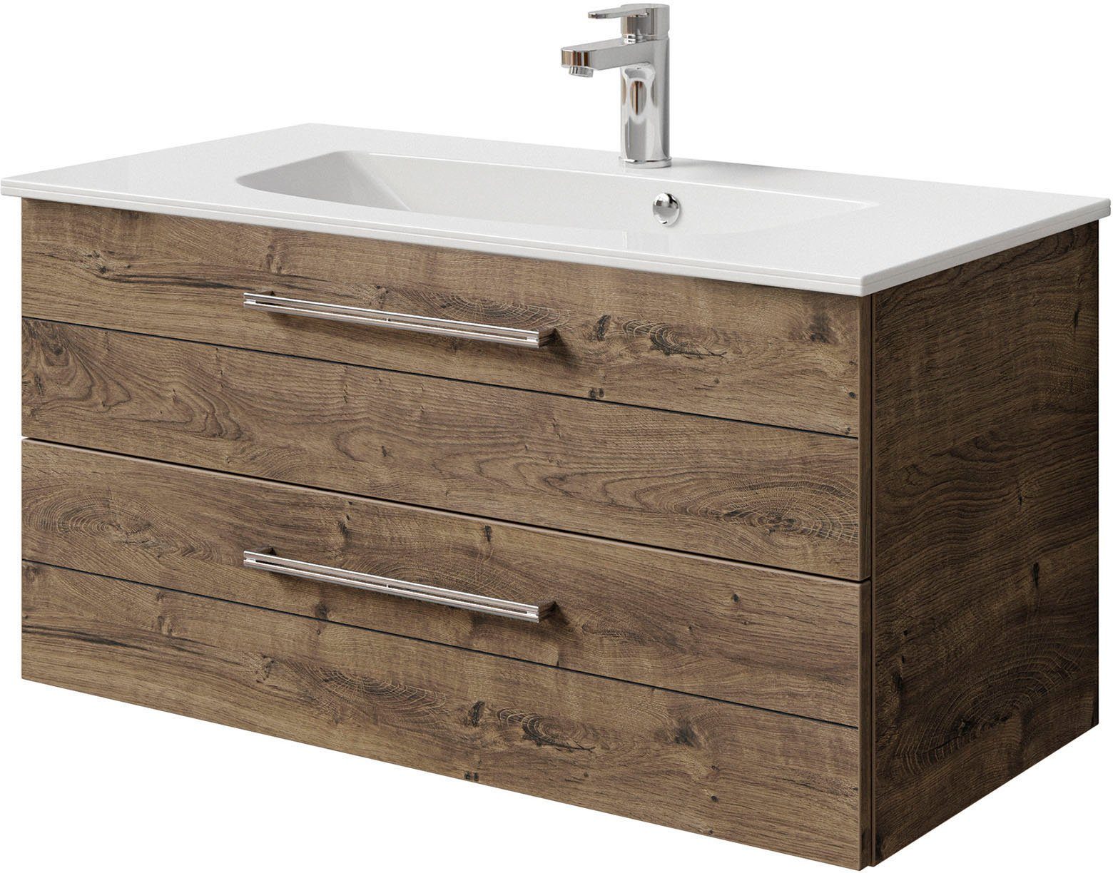 Saphir Wastafelonderkast Serie 6025 mineraalmarmeren wastafel met onderkast, 97 cm breed (2-delig) wastafelmeubels bruin