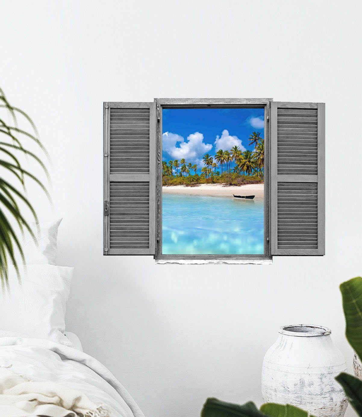 queence Wandfolie Strand met palmen Muursticker, muurdecoratie, zelfklevend, 3D, raam (1 stuk)