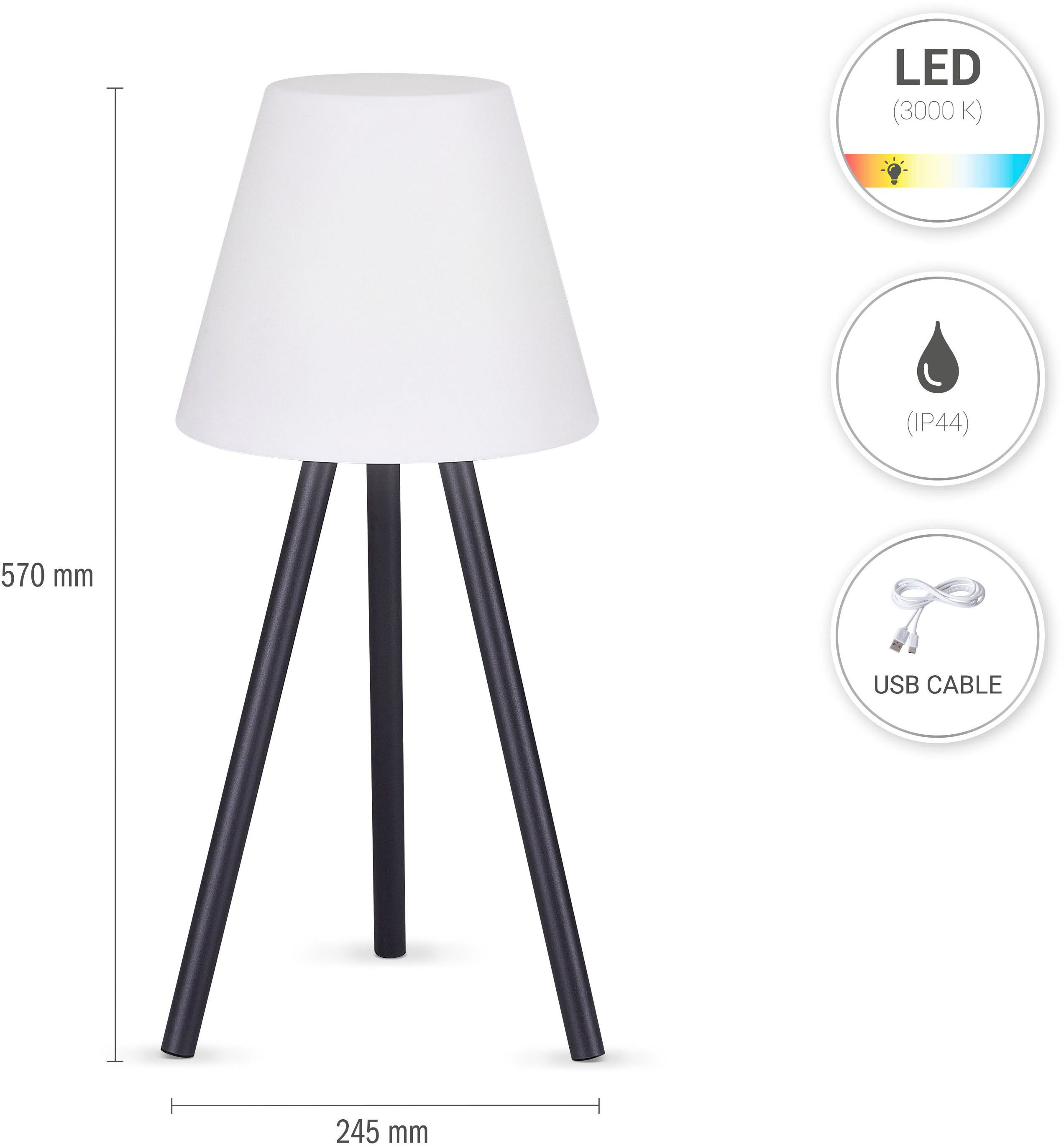 Paco Home Tafellamp ROBIN Driepotige buiten balkon voor buiten LED lamp retro Scandi