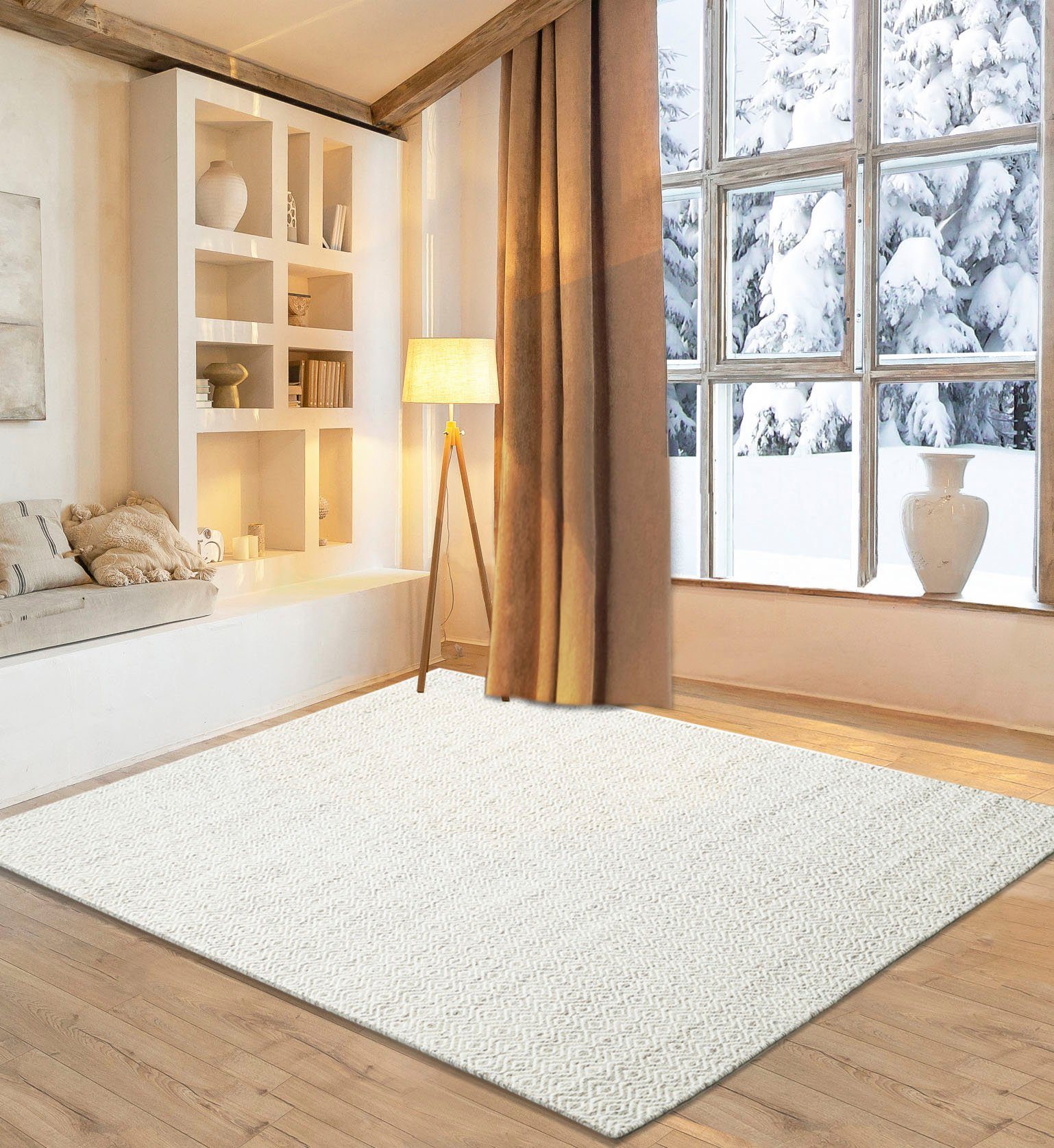 my home Wollen kleed Daoulas Handgeweven tapijt, 100% wol, modern ruitpatroon, scandi design