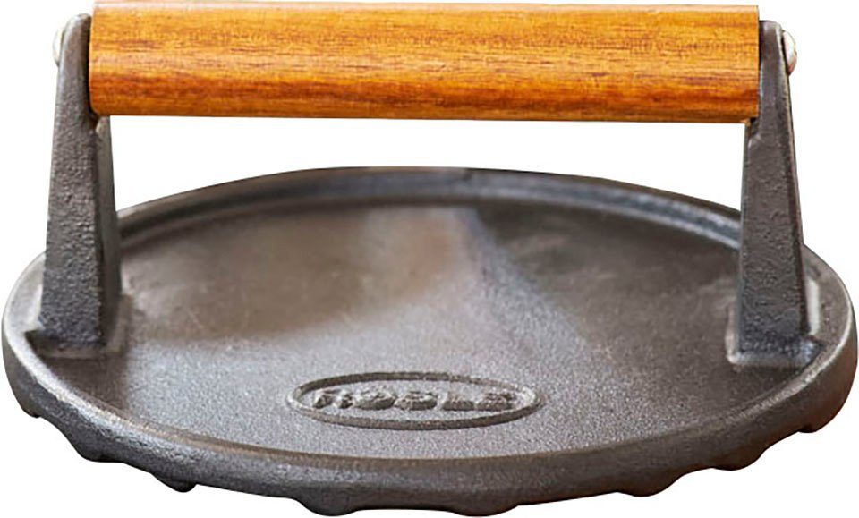 ROESLE Burgerpers BBQ Gewicht, 25231 Barbecuegewicht voor sneller garen, gietijzer, houten handvat, 17,5 cm