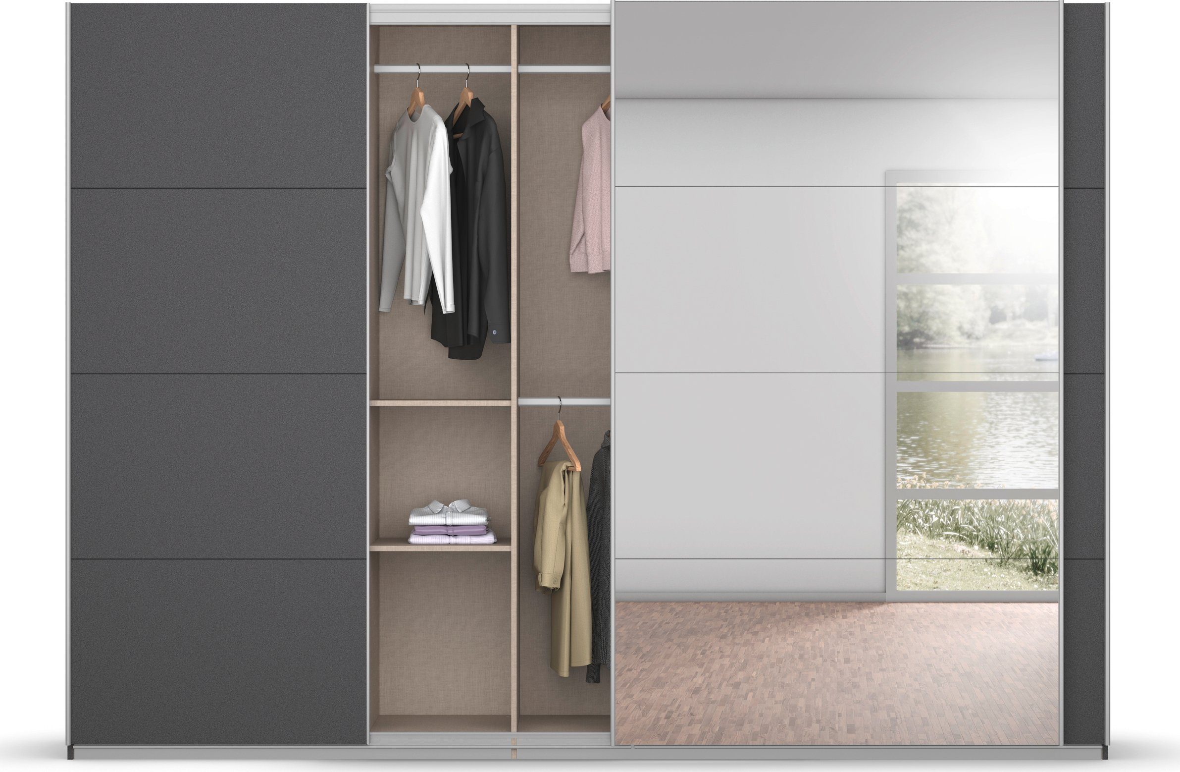 rauch Zweefdeurkast Koluna Hoogglansfront met spiegel, inclusief 2 lades en extra planken