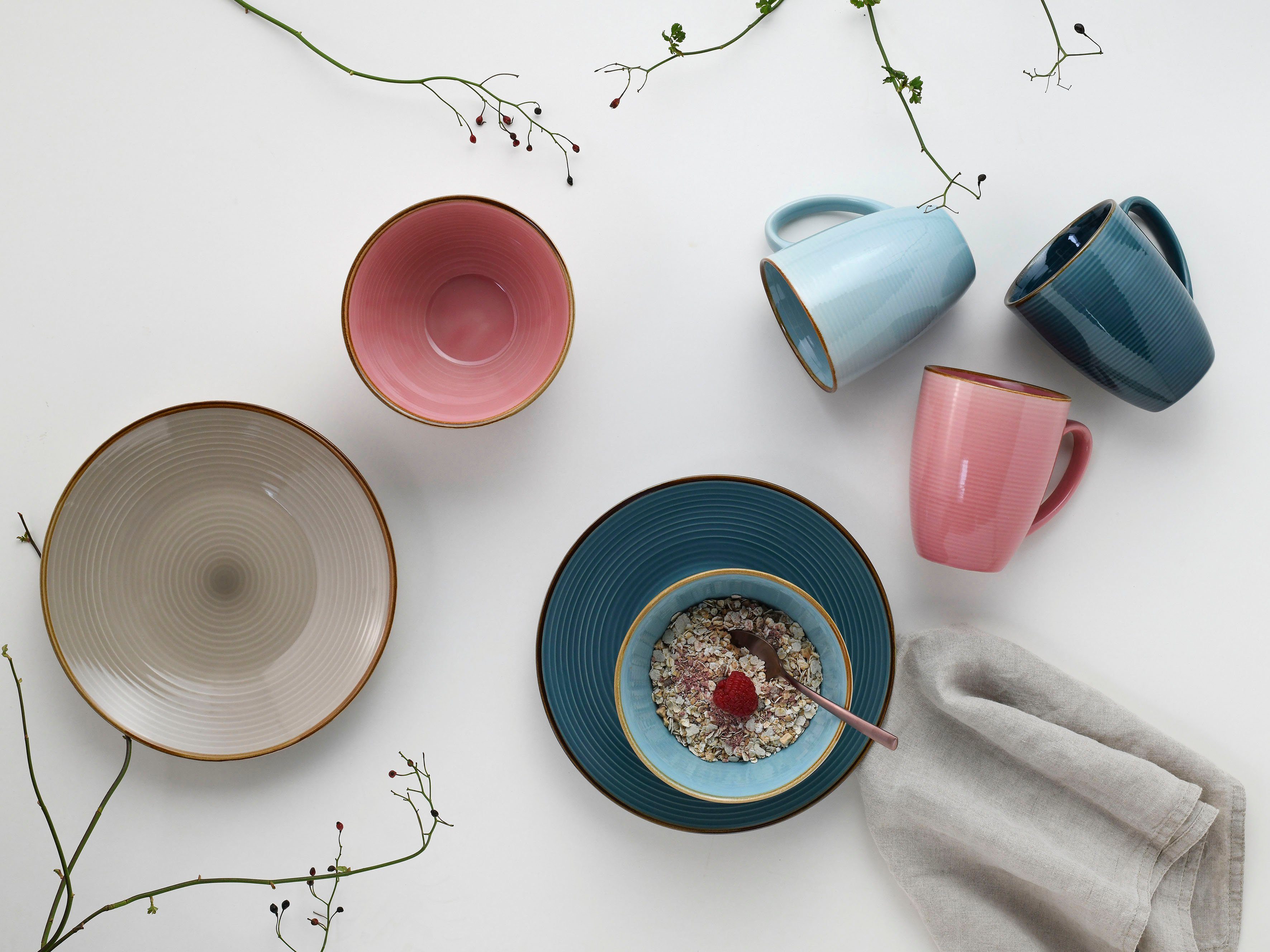 CreaTable Ontbijtserviesset Service, Cosy Morning (bord, schaal, koffie beker) Cirkelstructuur, in pastelkleuren, 12 delen, voor 4 personen (set, 12-delig)