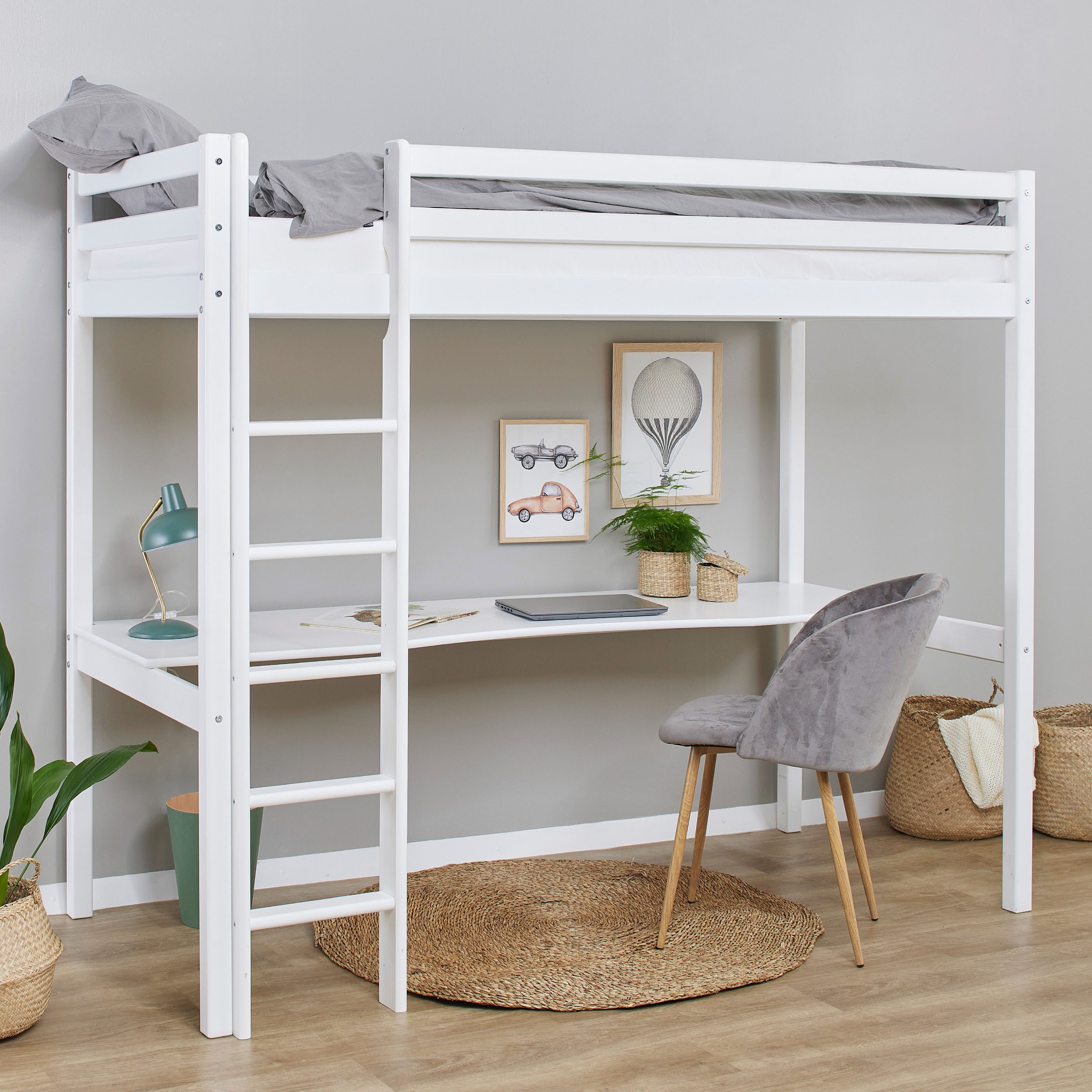 Hoppekids Hoogslaper Hochbett 90x200cm mit Schreibtisch, umbaubar zu Einzelbett 90x200 met bureau, om te bouwen