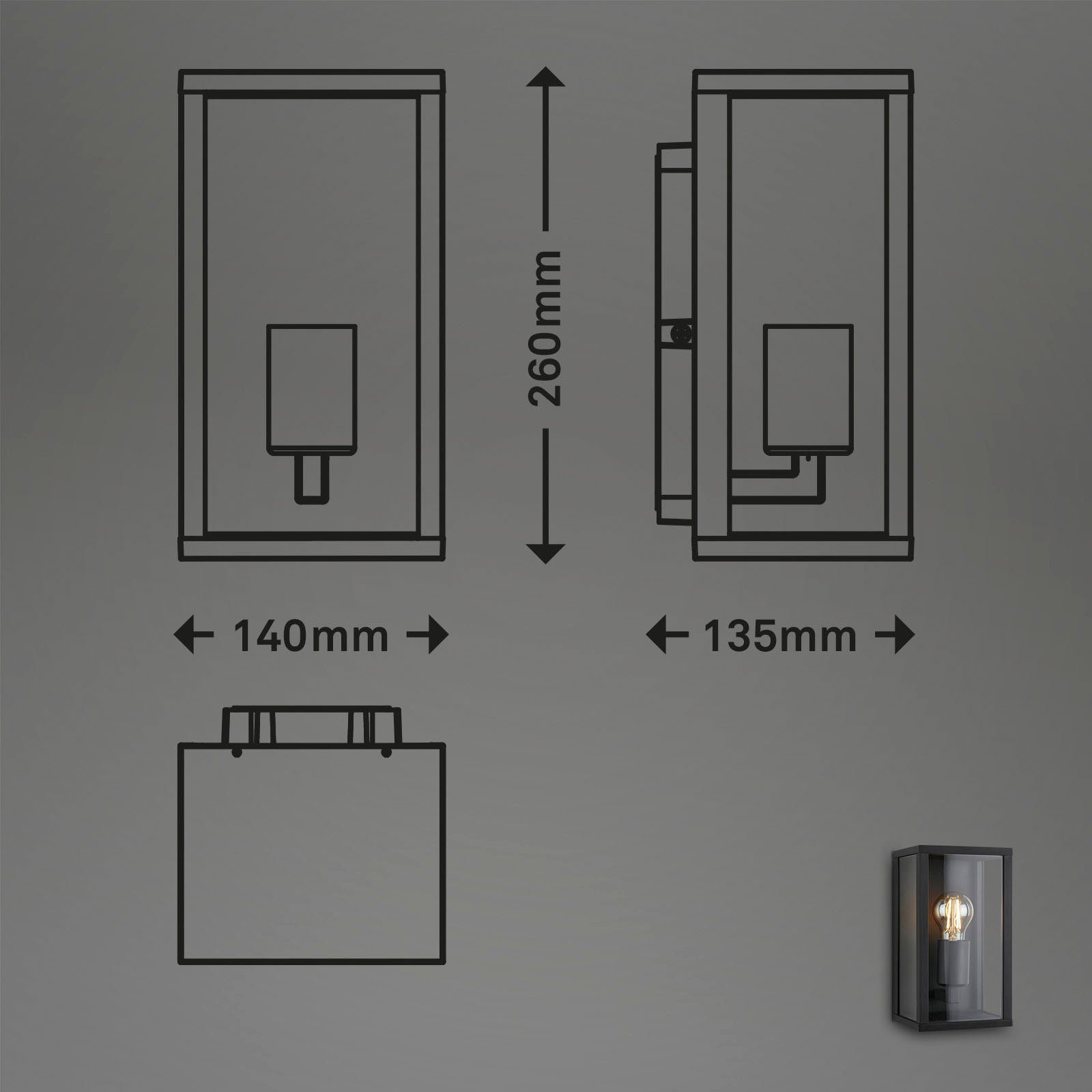 Briloner Leuchten Wandlamp voor buiten 3638015 LUANDA Buitenlamp, 26x14x13,5 cm, zwart, max. 12W, E27, buiten, huiswand