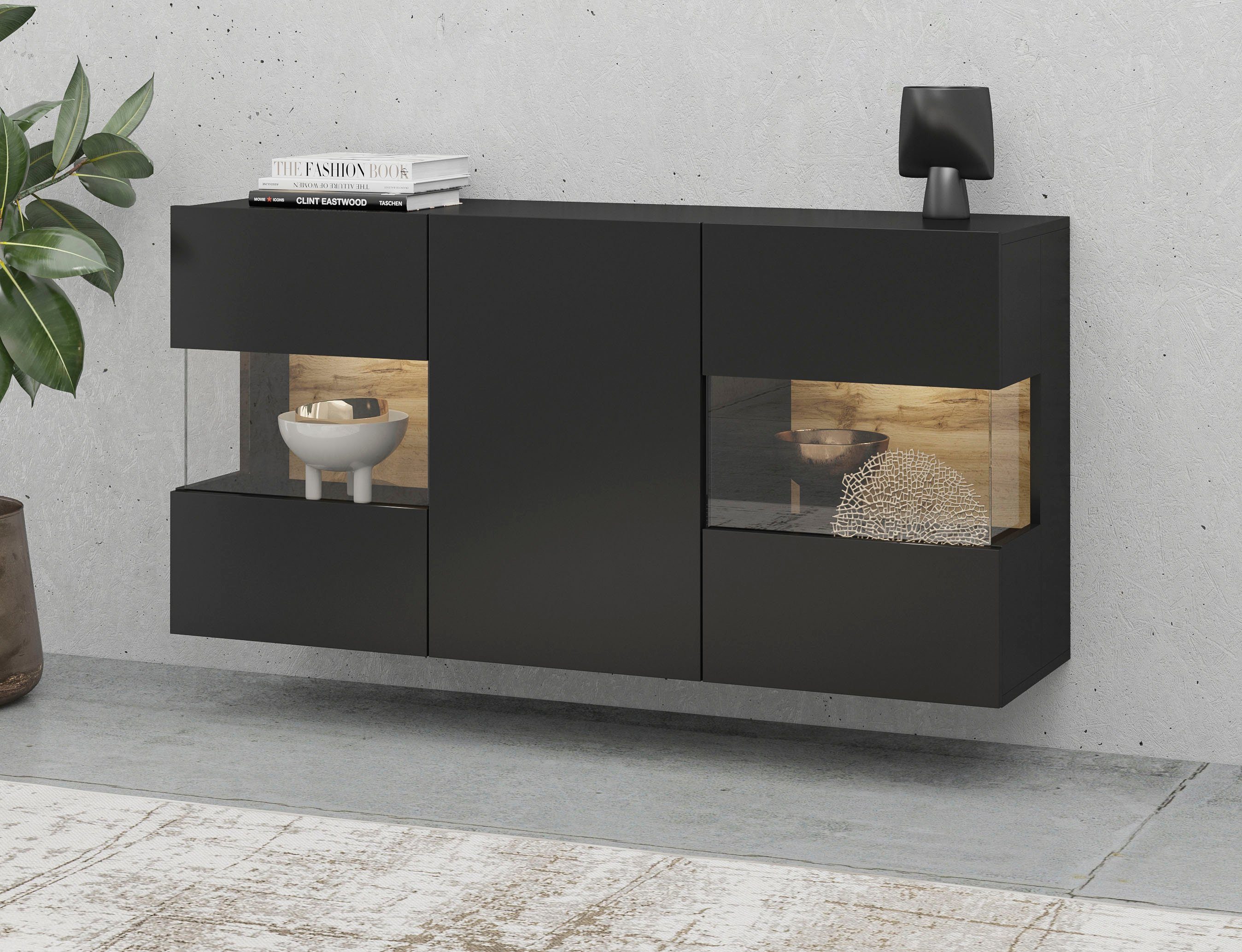 INOSIGN Dressoir Ava, breedte 120 cm, hangend en staand te monteren moderne grepless commode, buffet, 3 deuren, hoekverglasingen dressoirs zwart