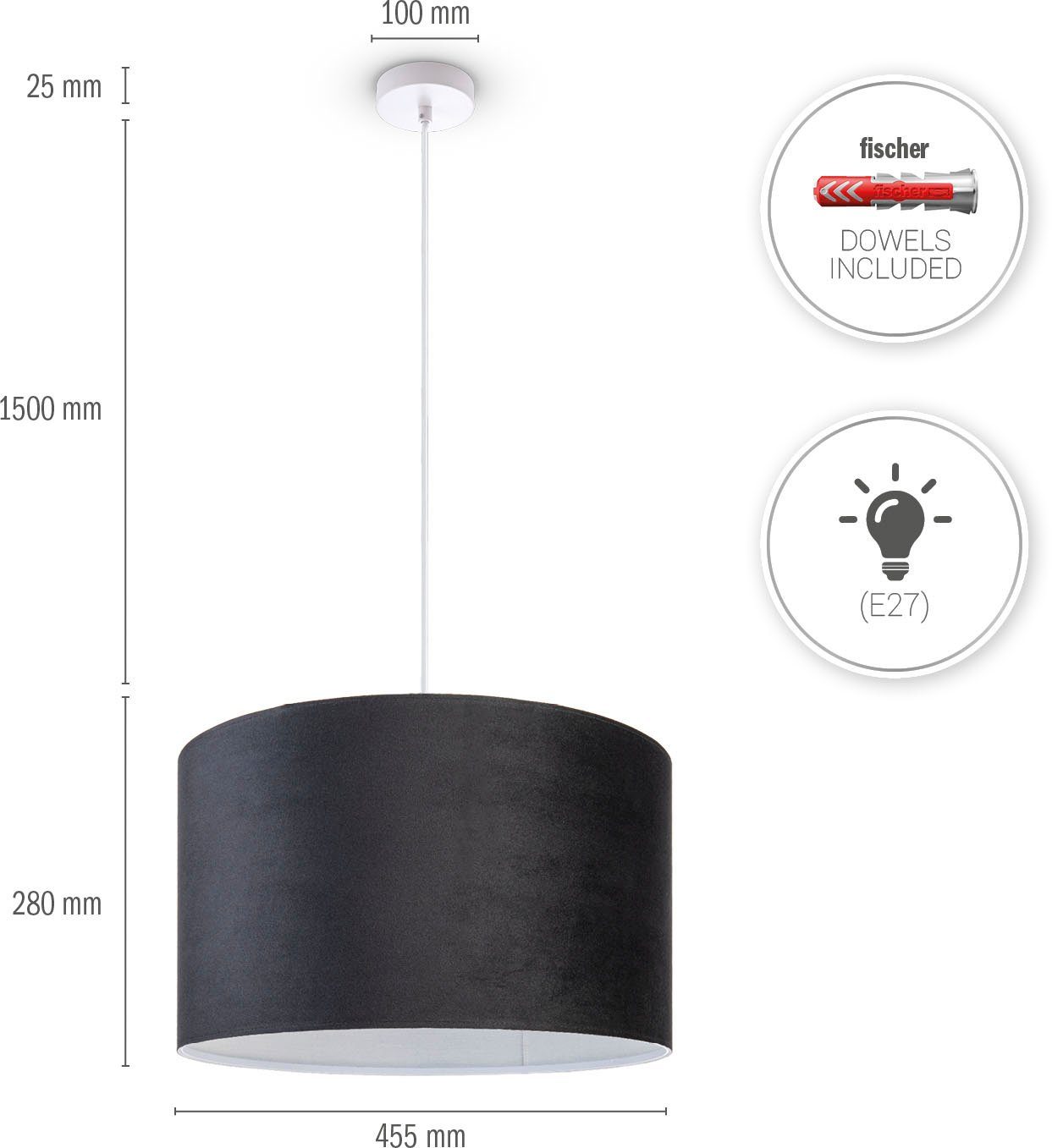 Paco Home Hanglamp Hugo uni Color Woonkamer lampenkap van velours uni-kleuren decoratie E27 kabel 1,5m