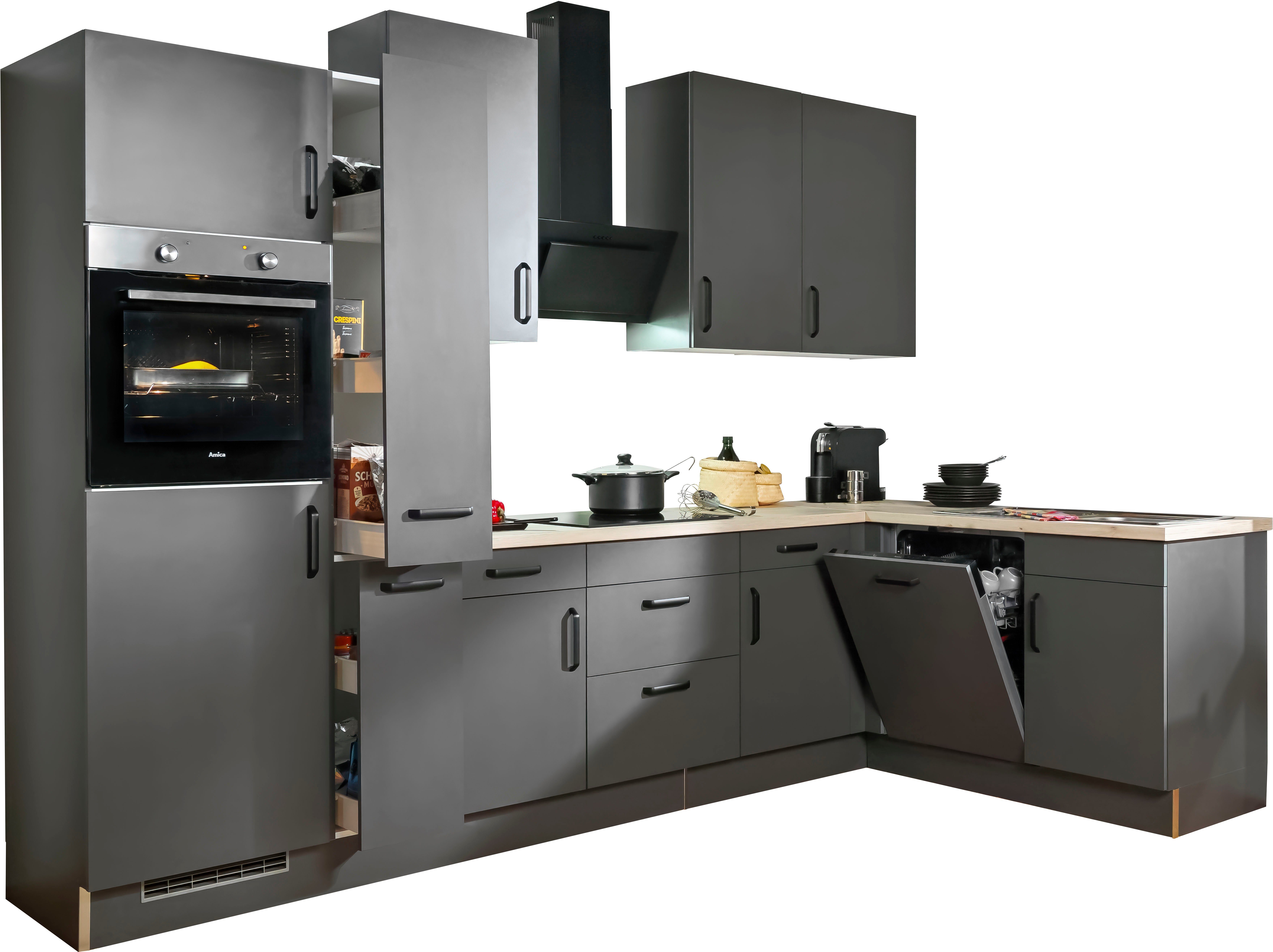 wiho Küchen Hoekkeuken "Simi", met verstelbare voeten, optioneel met elektrische apparaten Soft-close functie in lades & uittrekelementen, opstelbreedte 315/175 cm