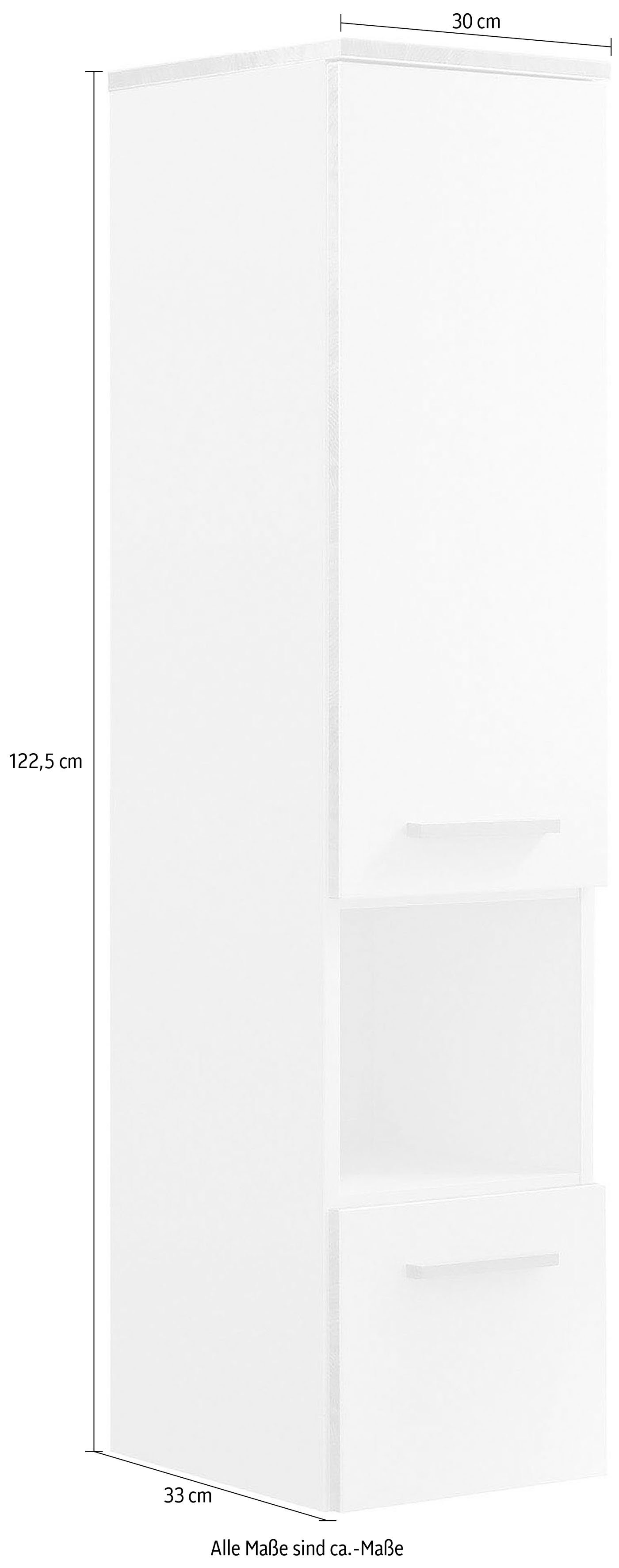 Saphir Halfhoge kast Quickset 931 Badkamermeubel in wit glans, 1 deur, 1 nis, 1 lade 2 glasplateaus, inclusief deurdemper, 30 cm breed, 123,2 cm hoog