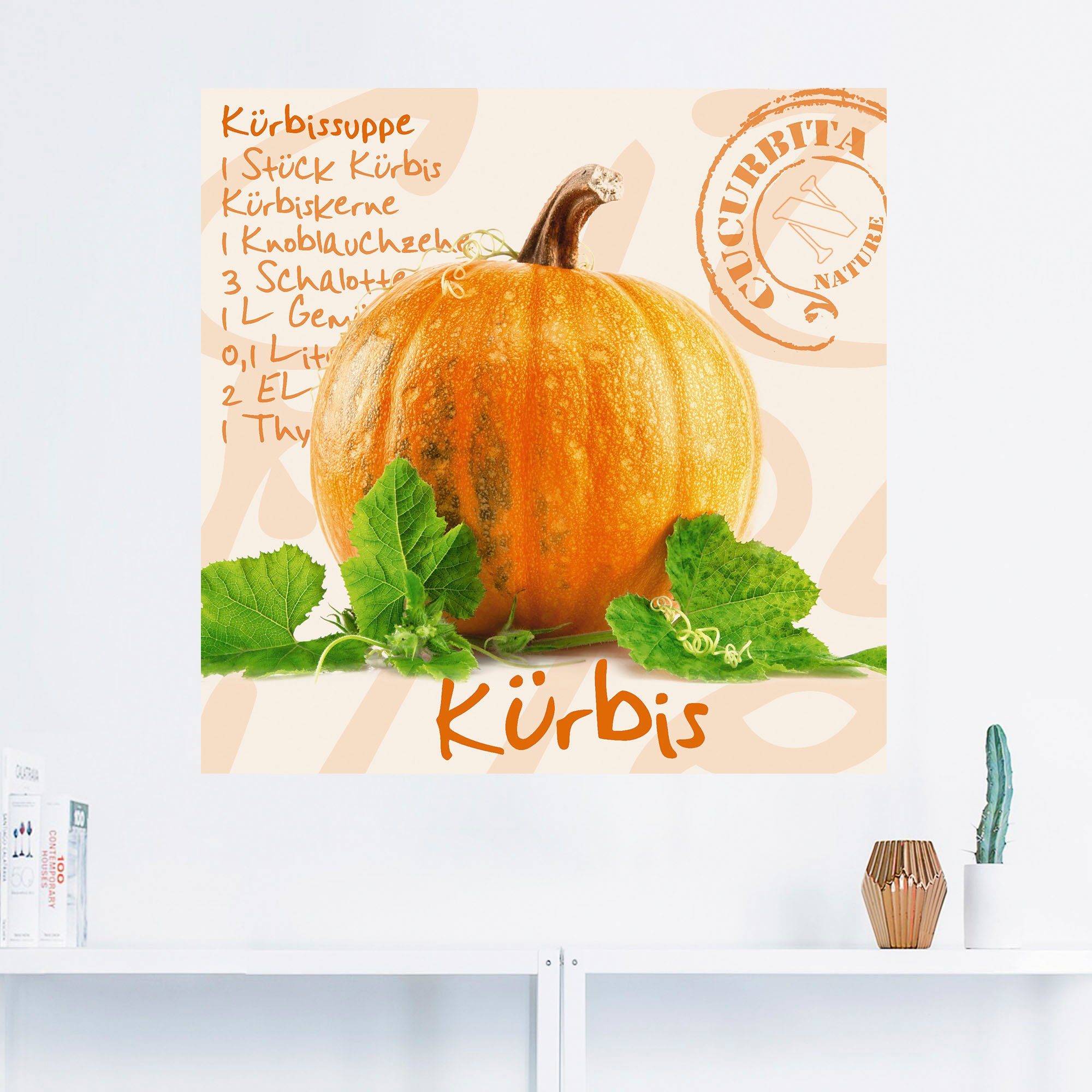 Artland Artprint Gele pompoen met groene bladeren als poster, muursticker in verschillende maten