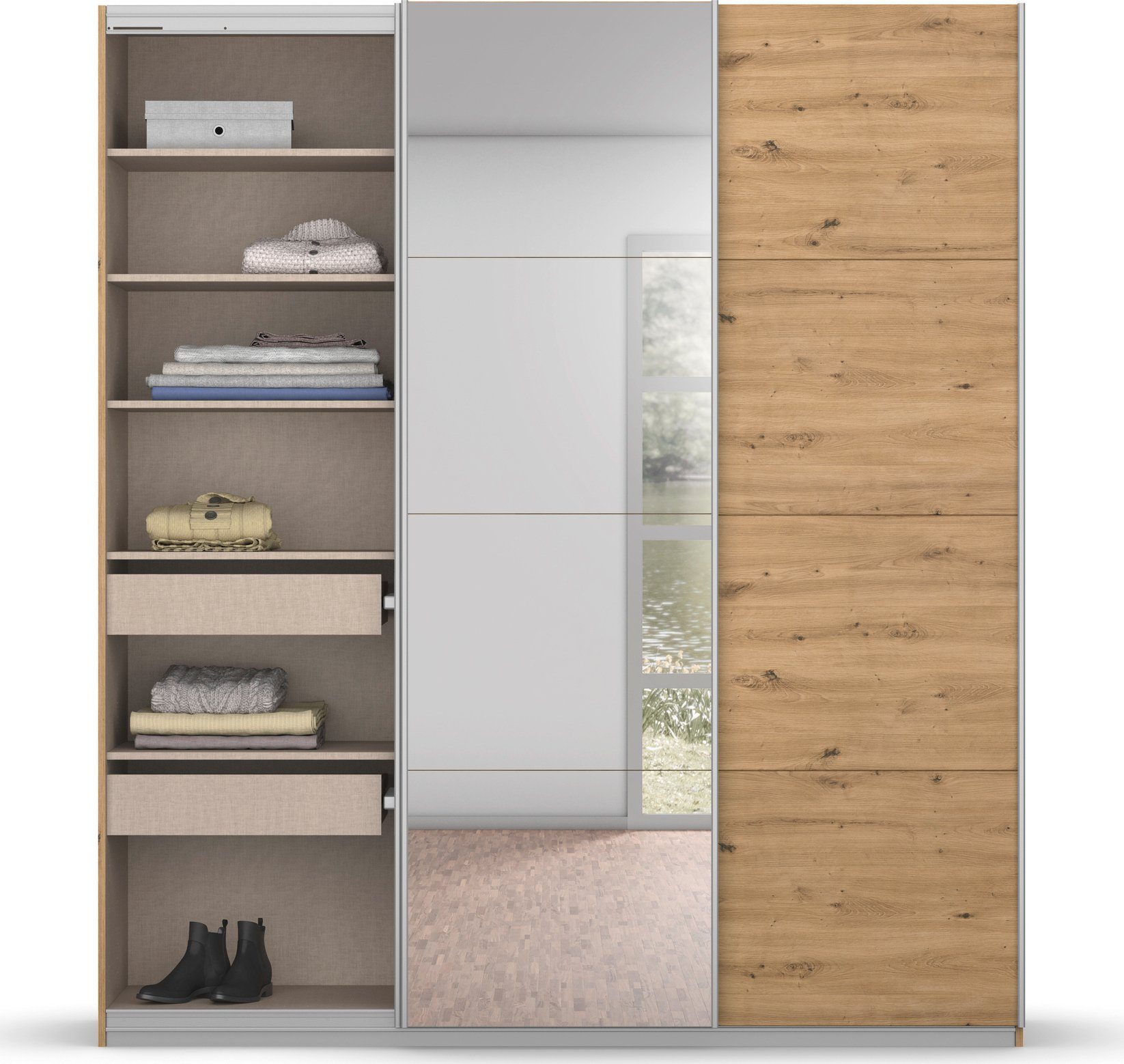 rauch Zweefdeurkast Kledingkast kast garderobe BESTSELLER KOLUNA met spiegel inclusief 2 binnenladen en extra legplanken made in germany