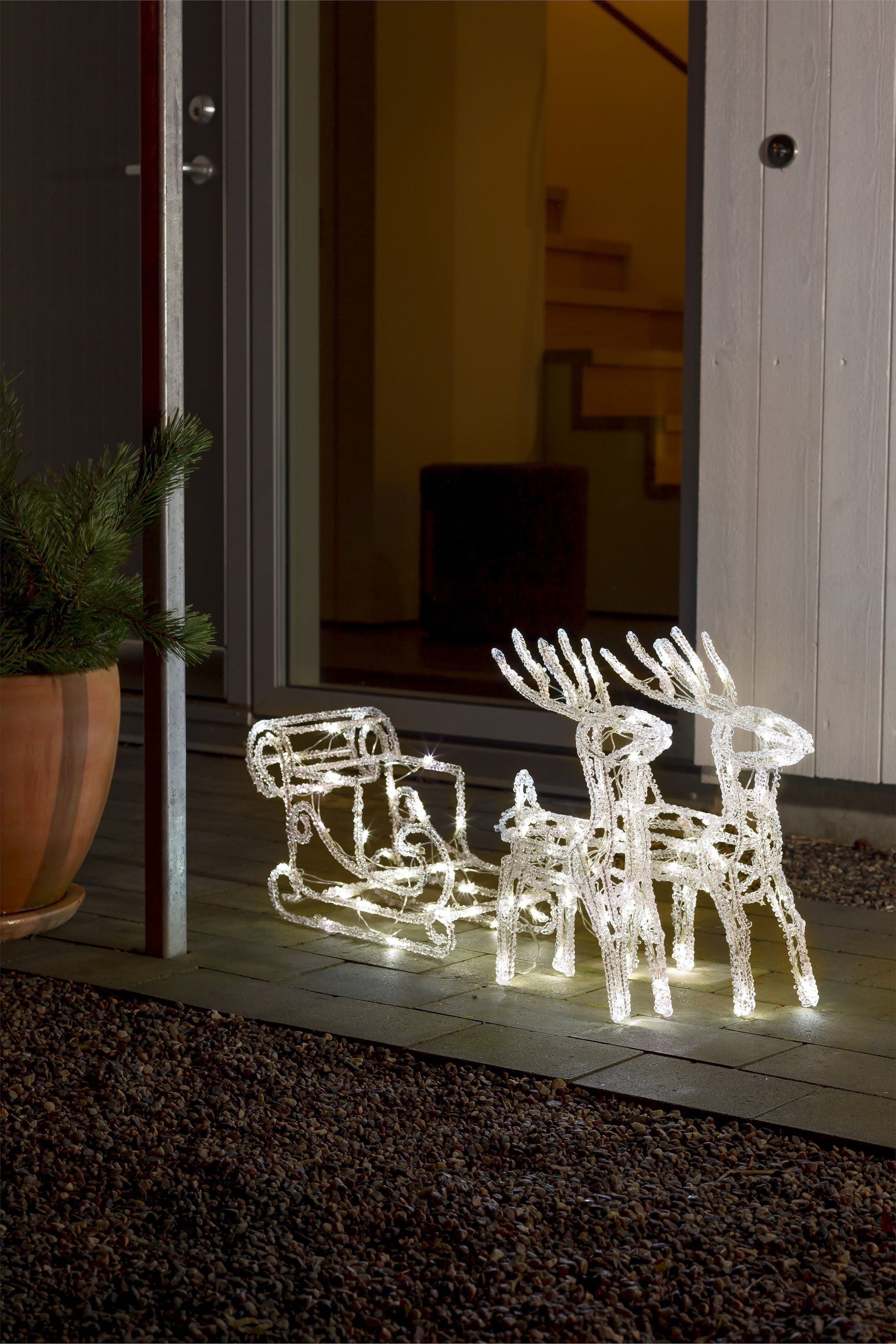 KONSTSMIDE Kerstfiguur Kerstversiering buiten Led acryl-set "Slee met 2 rendieren", 96 warmwitte dioden (1 stuk)