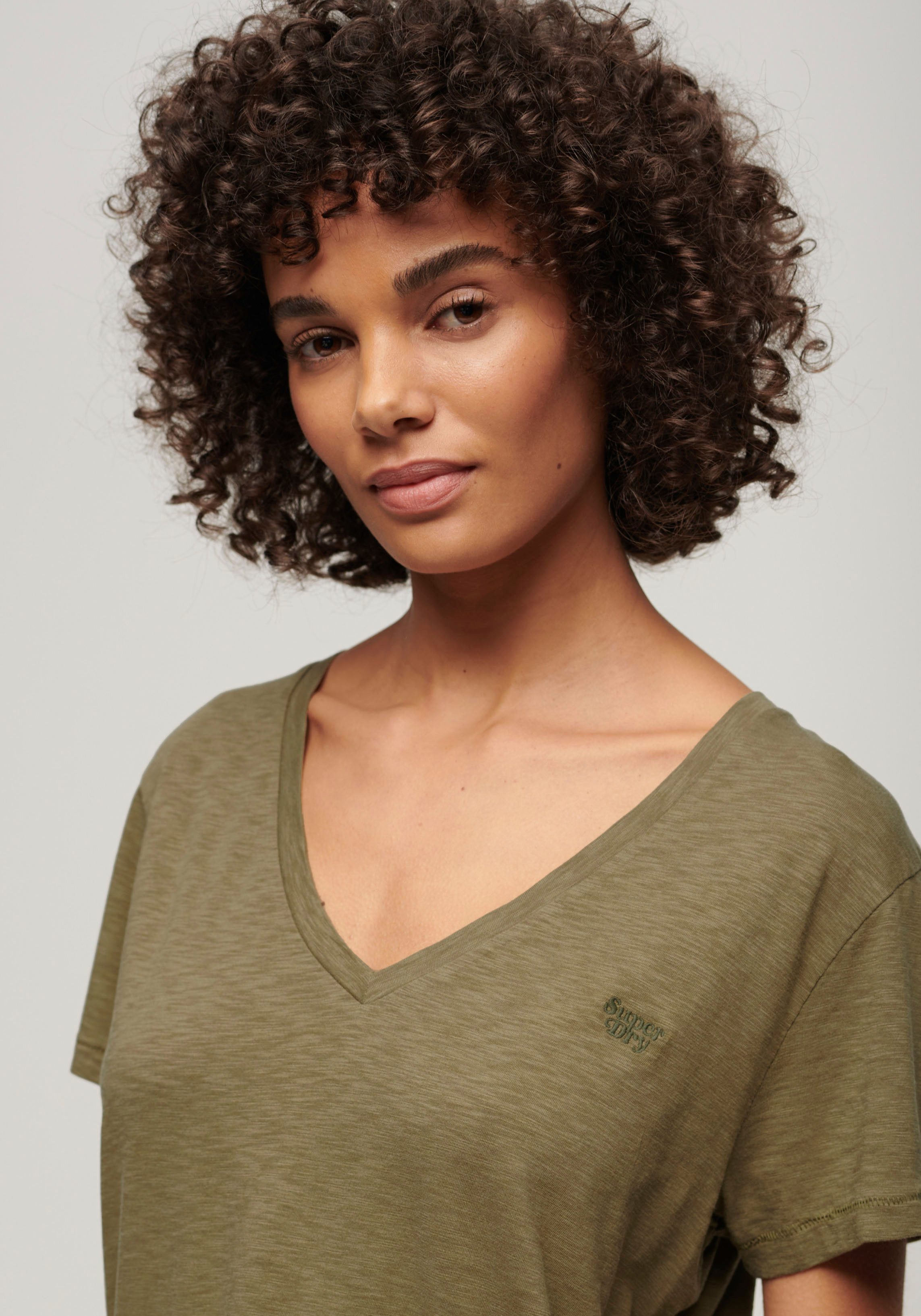 Superdry Shirt met V-hals STUDIOS SLUB EMB VEE TEE gestructureerd t-shirt met v-hals en borduursel