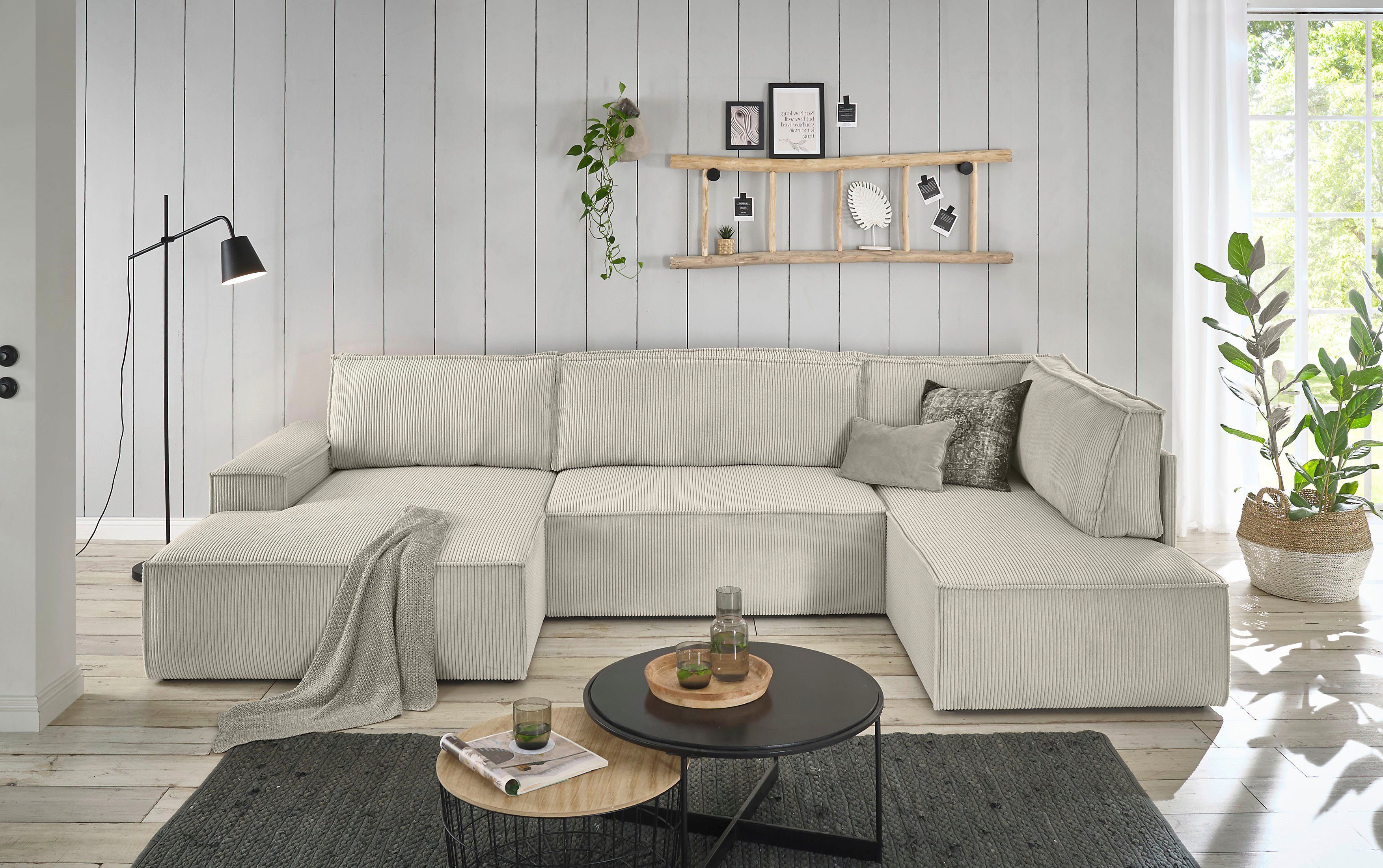 Home affaire Zithoek SHERWOOD 329 cm, U-vorm, slaapbank, Slaapfunctie met bedkist (194x139 cm), cord, vintage, fluweel