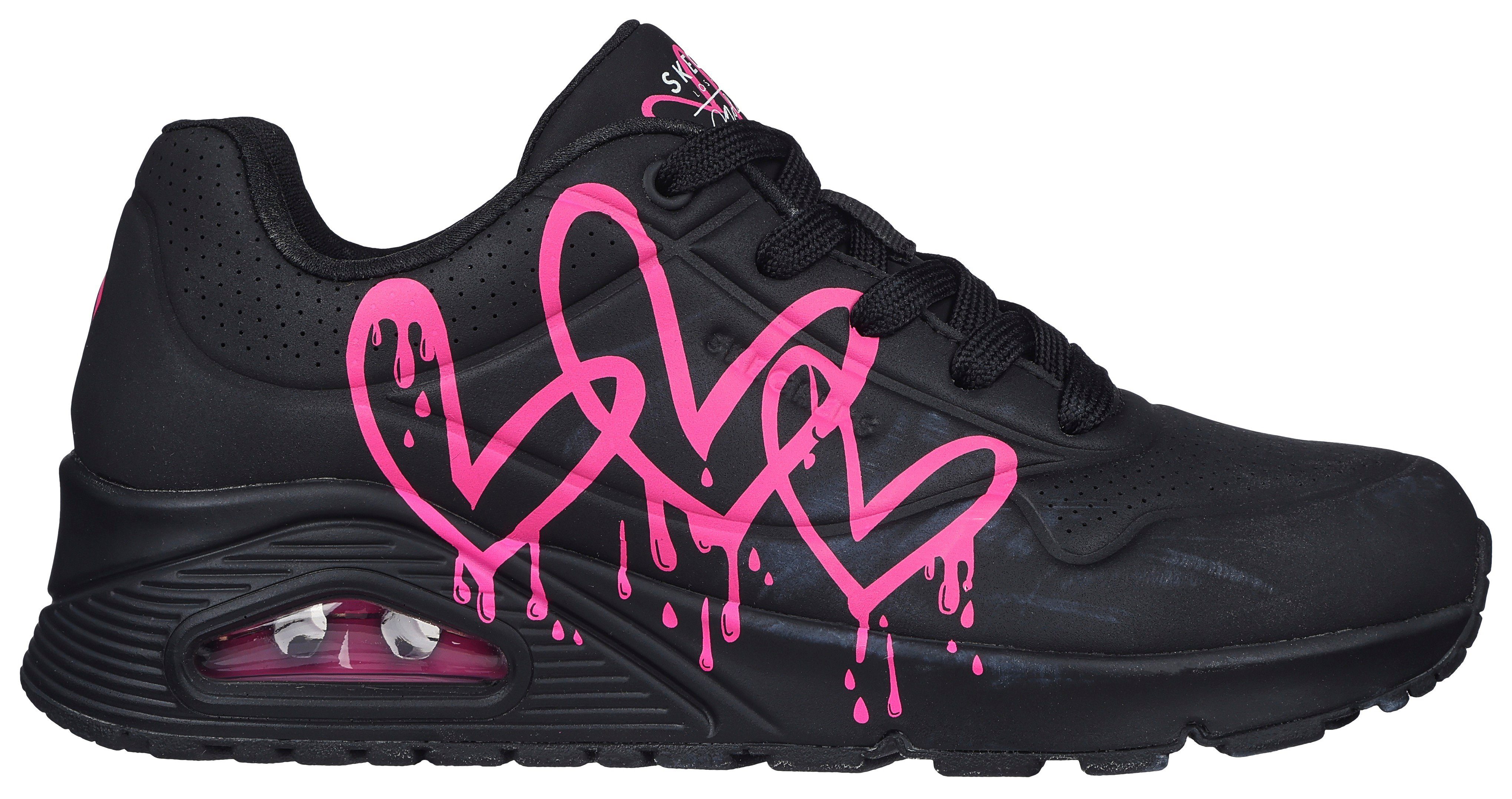 Skechers Sneakers UNO DRIPPING IN LOVE met hart-graffiti-print, vrijetijdsschoen, lage schoen, veterschoen