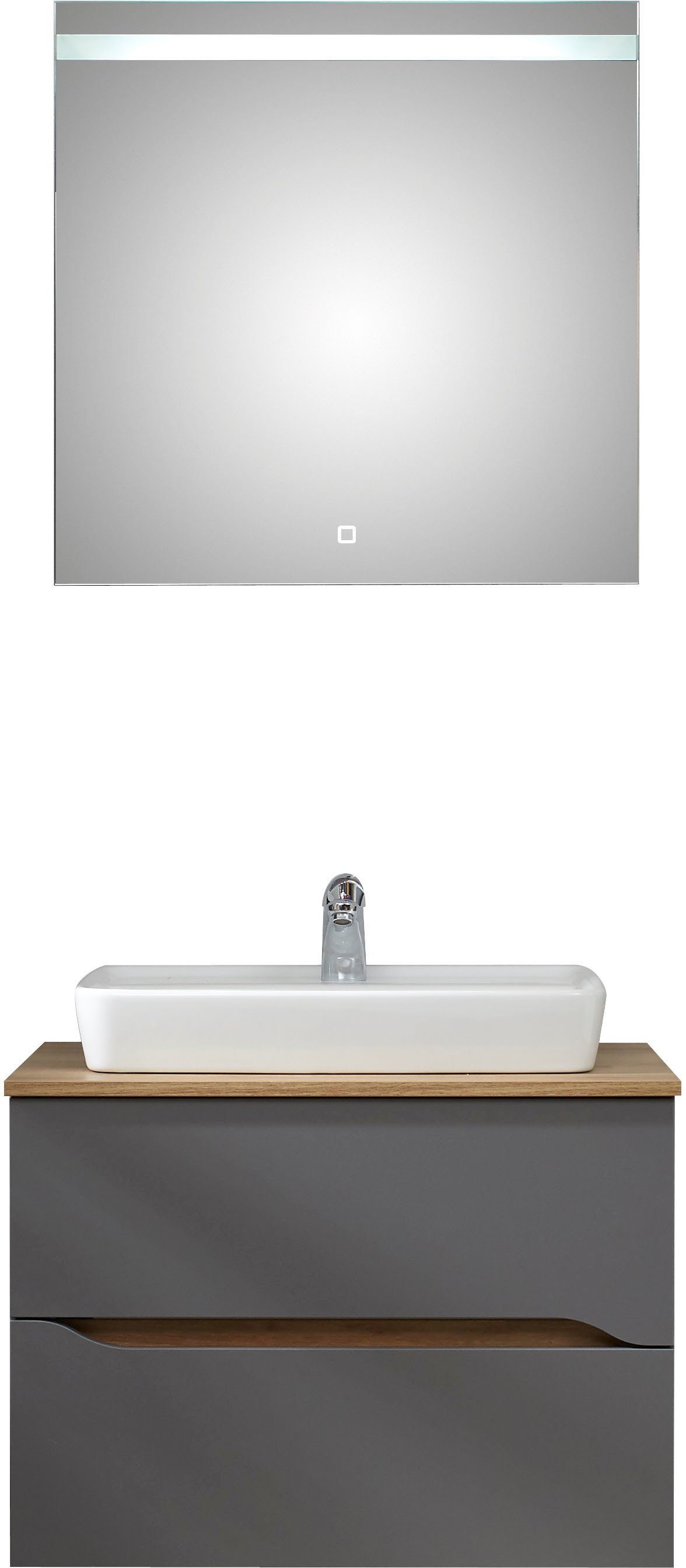 Saphir Badkamerserie Quickset 2-delig, keramieken opzetwasbak met led-spiegel Wastafelmeubel 73 cm breed, inclusief deurdemper, 2 laden (4-delig)