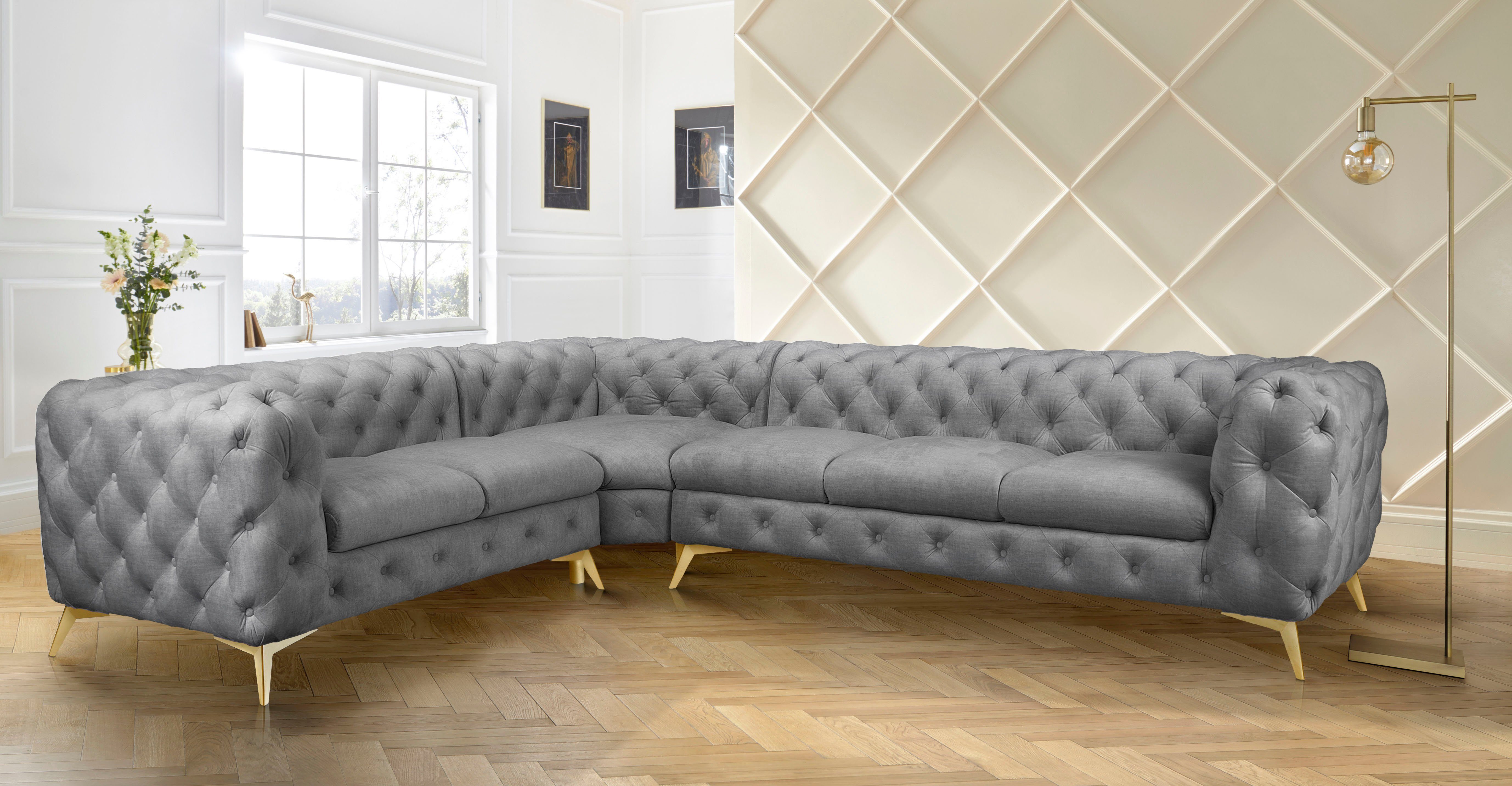 Leonique Chesterfield-bank Glynis L-vorm luxueuze capitonnage, moderne chesterfield look, kleur van de poten ter keuze