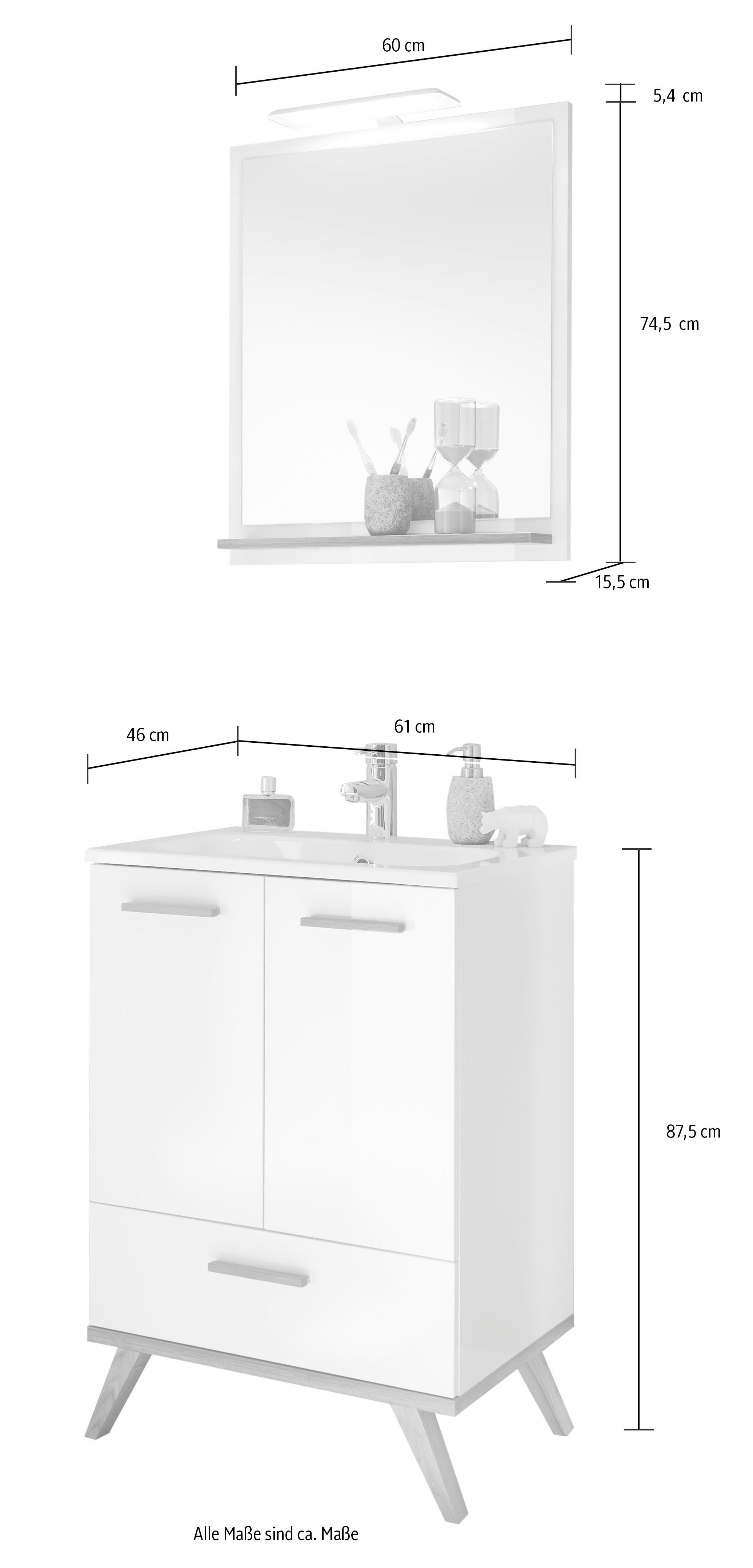 Saphir Badkamerserie Quickset 2-delig, mineraalmarmeren wastafel en LED-spiegel Wastafel 61 cm breed, 2 deuren, 1 lade, spiegelplank, bad-set (4-delig)