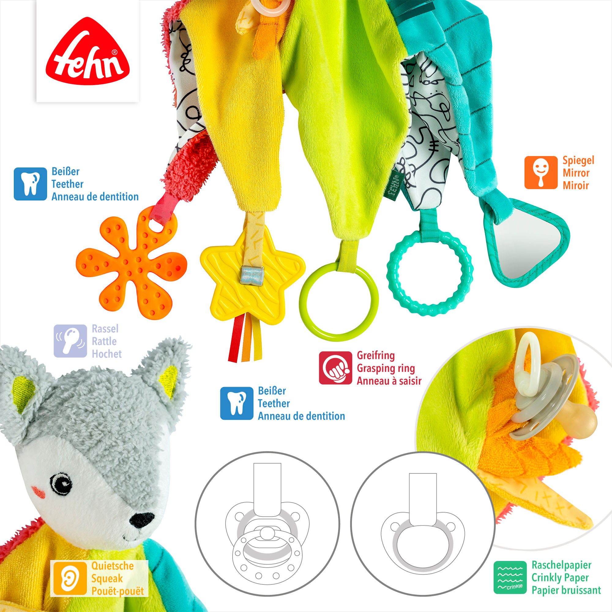 Fehn Knuffeldoek DoBabyDoo, vos deluxe met bevestigingsring voor speen