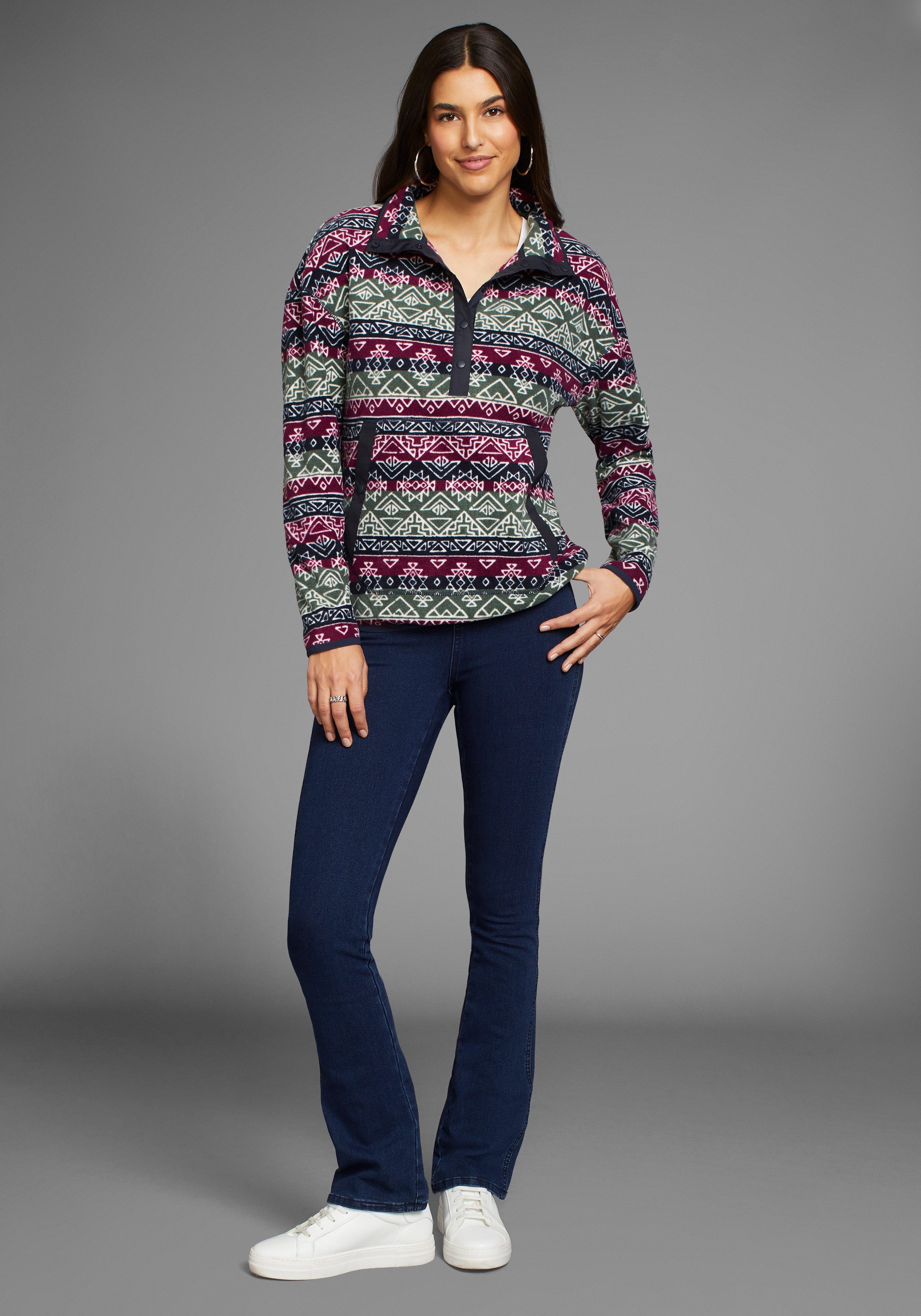 Polarino Fleecetrui met colourblocking-look, met kangoeroezak, van fleece stof